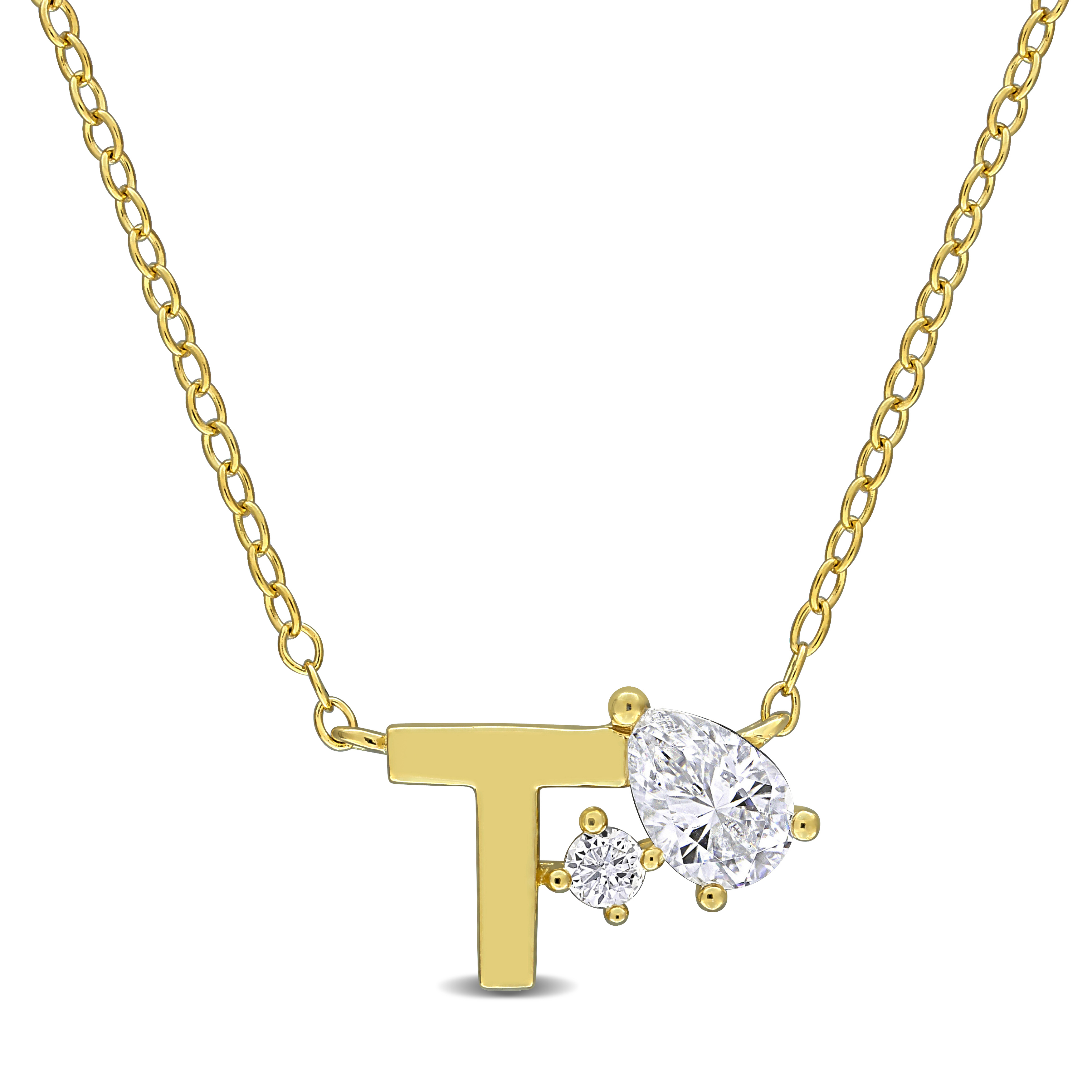 3/4ct TGW Created White Sapphire "T" Initial Necklace in Yellow Plated Sterling Silver - 17 in