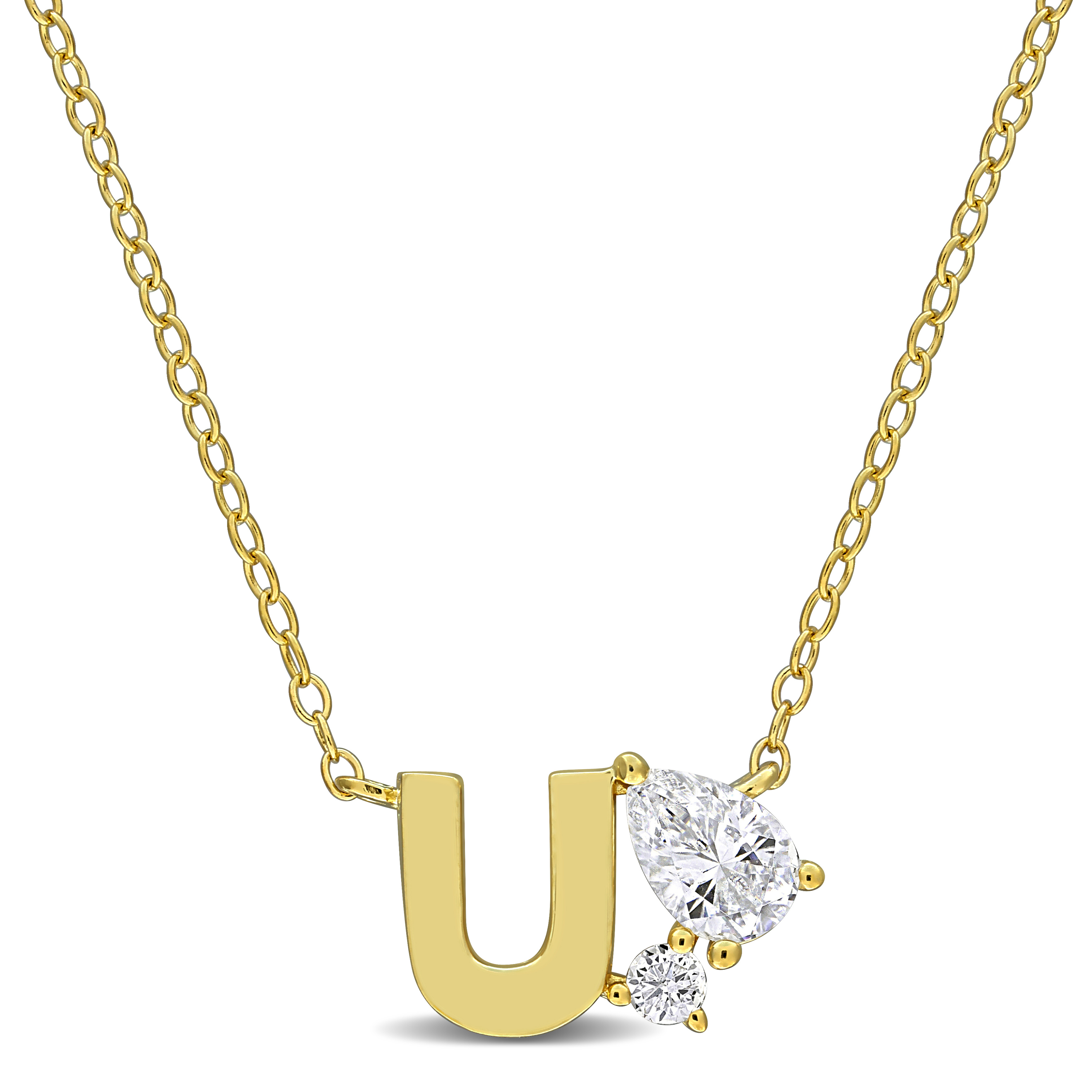 3/4ct TGW Created White Sapphire "U" Initial Necklace in Yellow Plated Sterling Silver - 17 in