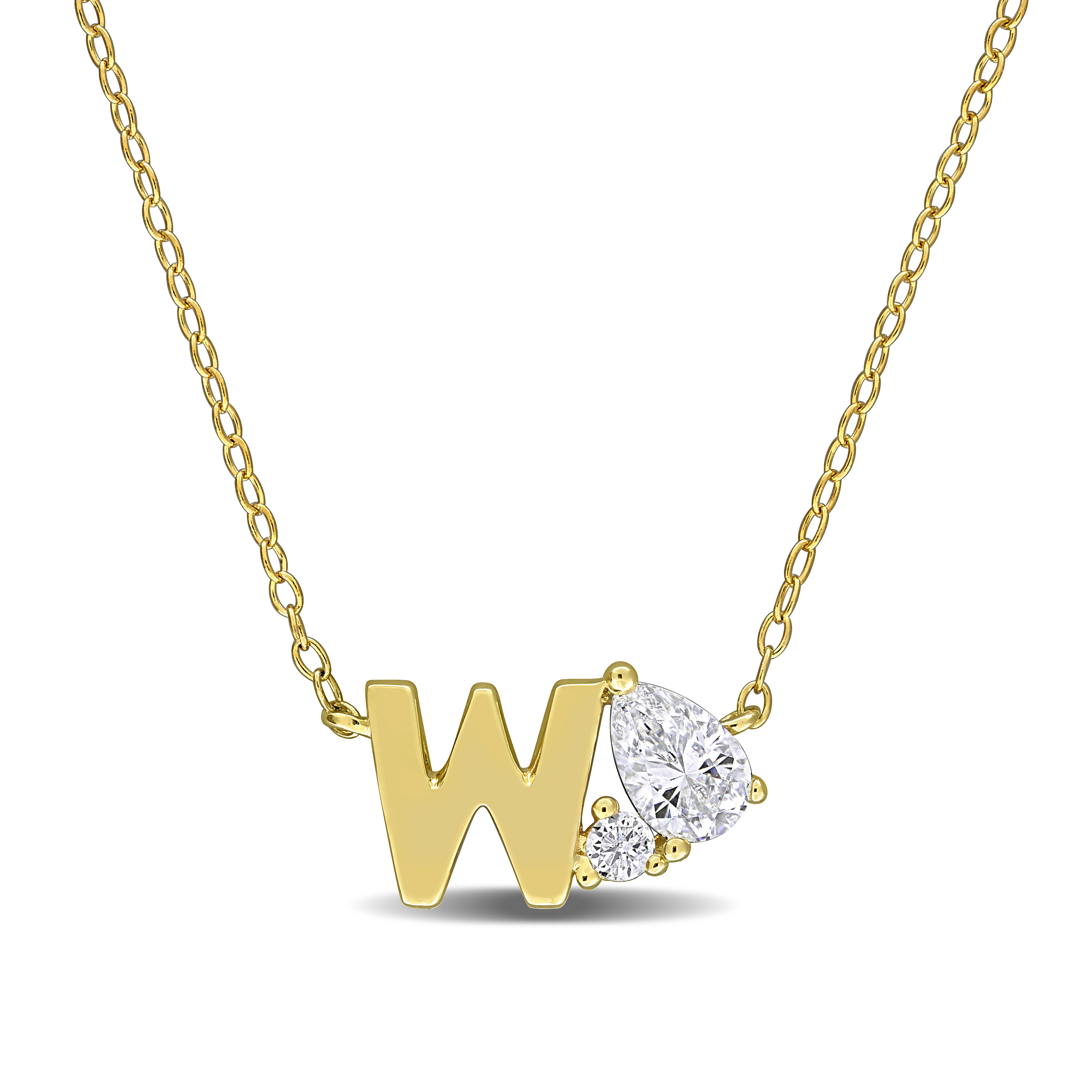3/4ct TGW Created White Sapphire "W" Initial Necklace in Yellow Plated Sterling Silver - 17 in