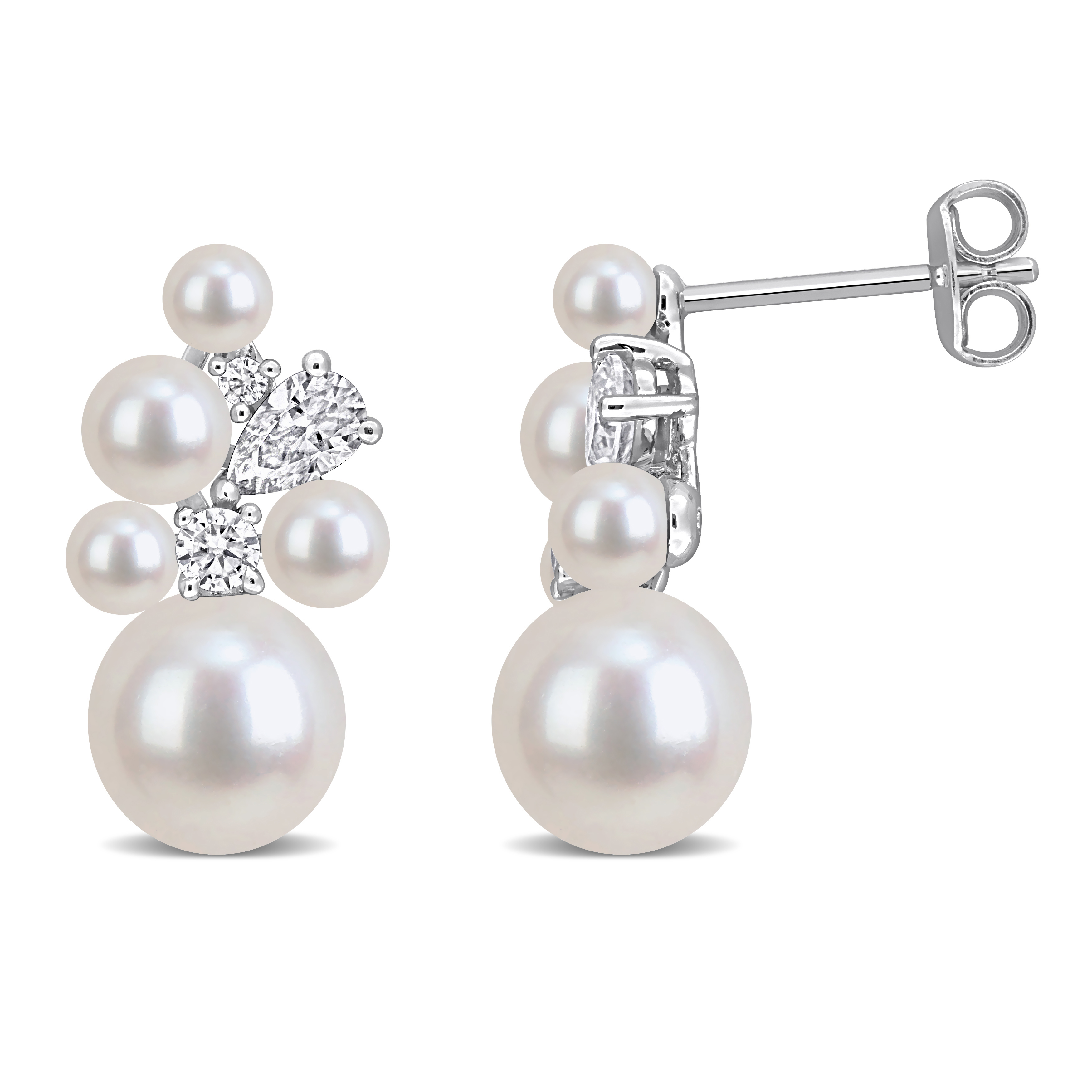 3-8mm Cultured Freshwater Pearl and 5/8ct DEW Created Moissanite Cluster Drop Earrings in Sterling Silver
