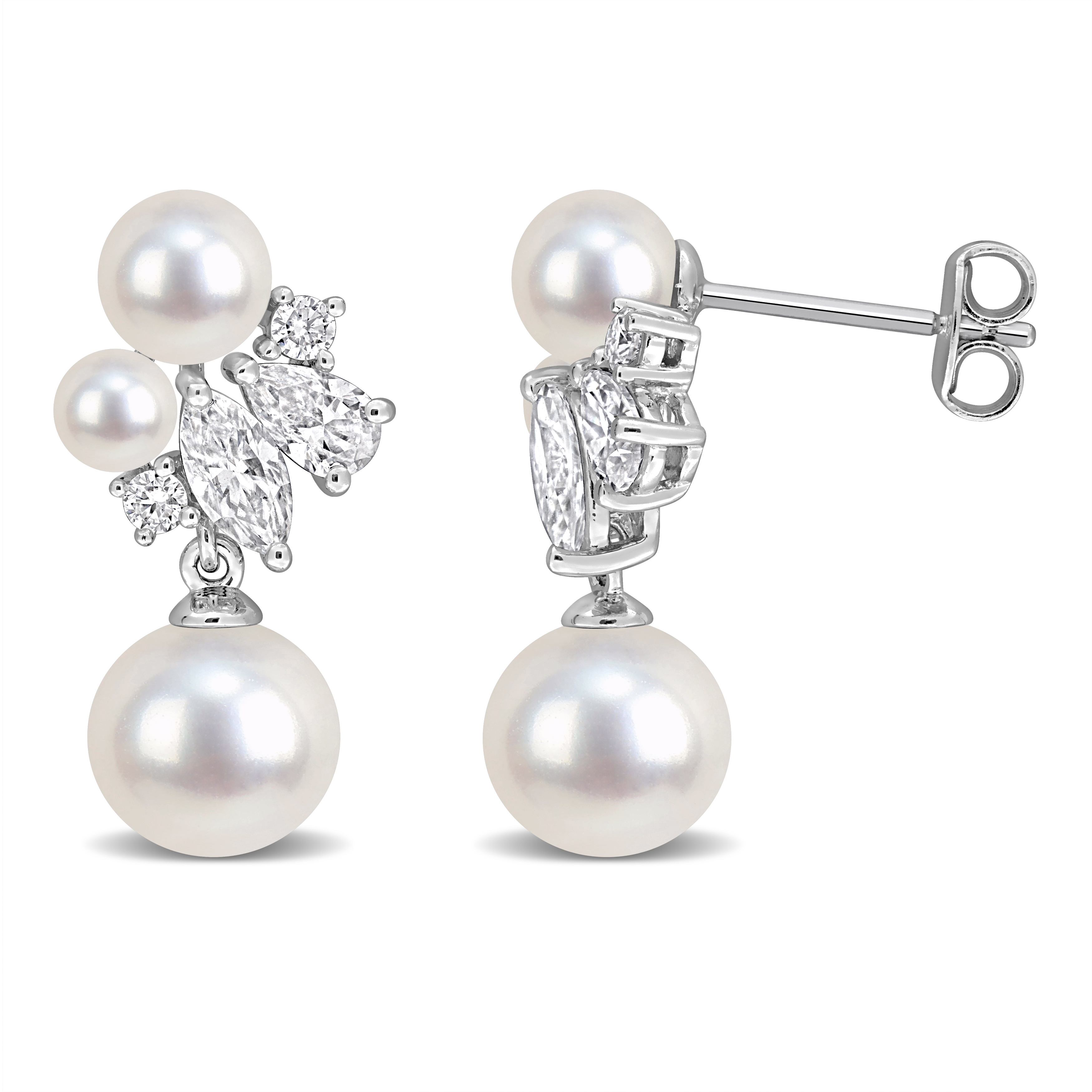 3.5-8mm Cultured Freshwater Pearl and 1 1/8ct DEW Created Moissanite Cluster Drop Earrings in Sterling Silver