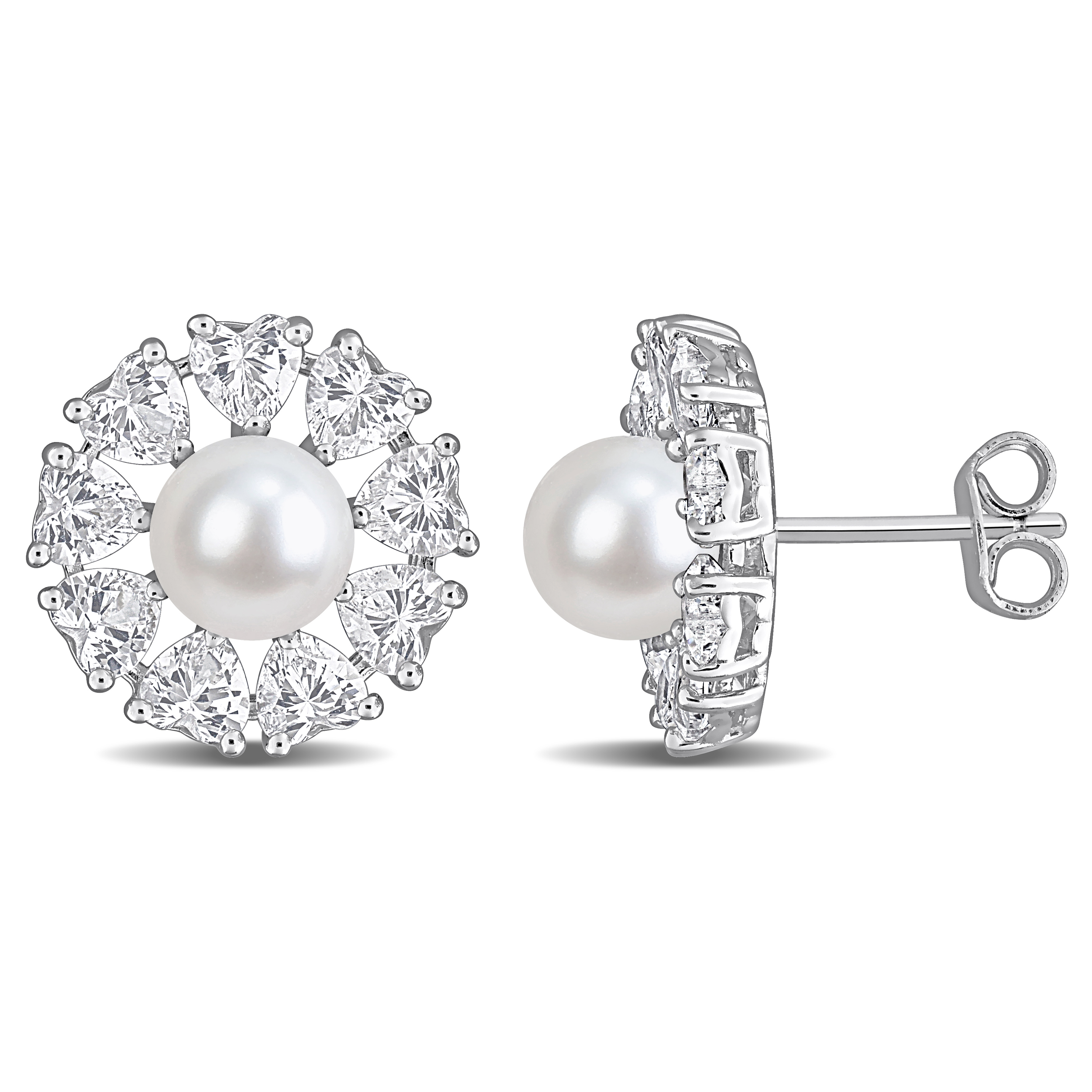 6-6.5mm Cultured Freshwater Pearl and 3 5/8ct TGW Created White Sapphire Floral Stud Earrings in Sterling Silver