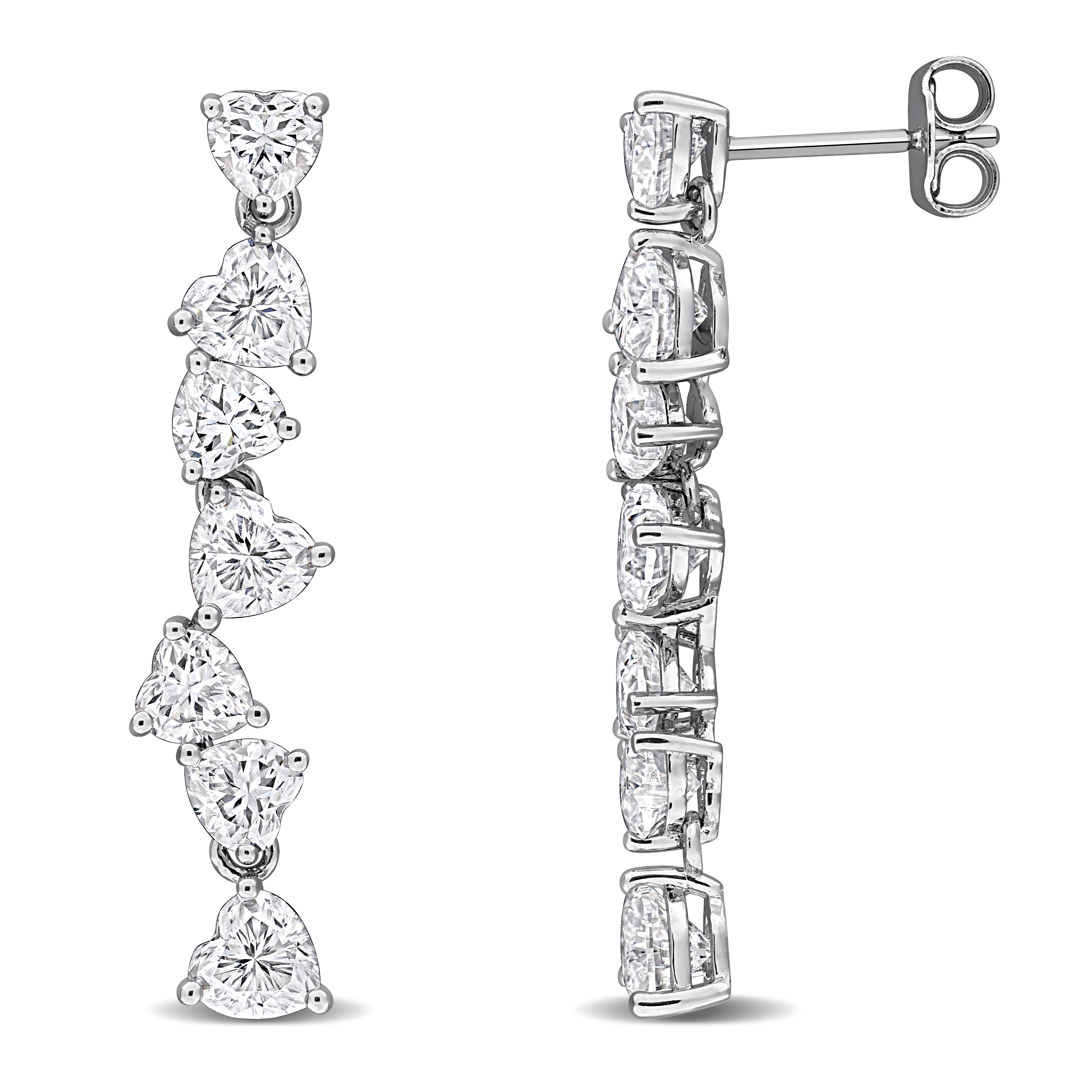 4 1/4 CT DEW Created Moissanite Graduated Heart-Shaped Linear Drop Earrings in Sterling Silver