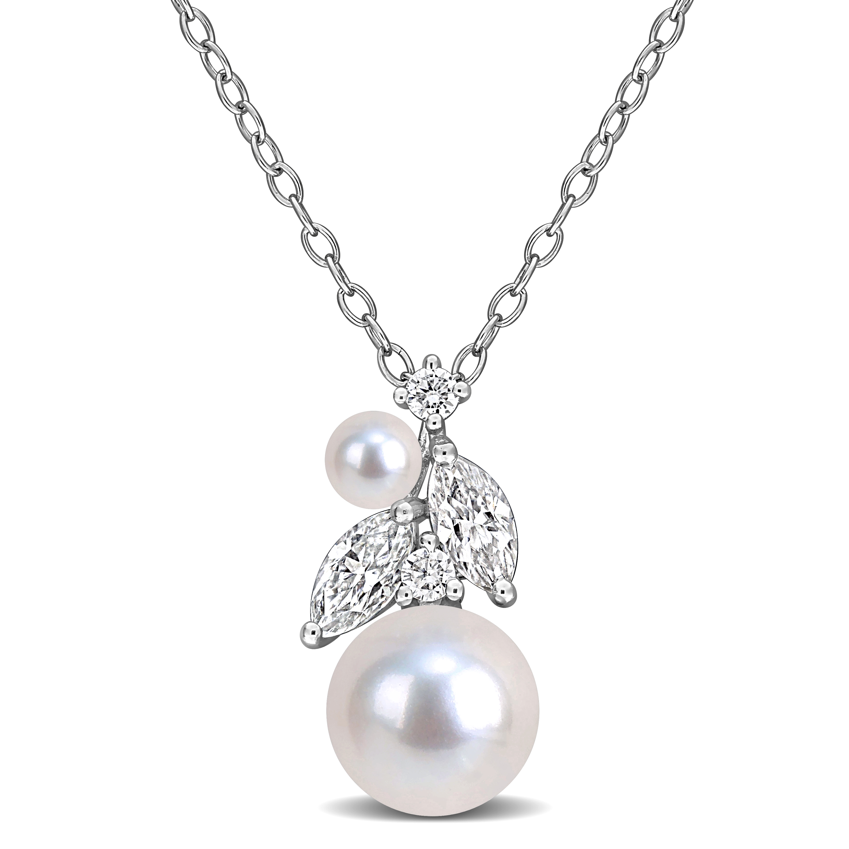 3.5-7mm Cultured Freshwater Pearl and 3/4ct DEW Created Moissanite Cluster Pendant with Chain in Sterling Silver - 18 in