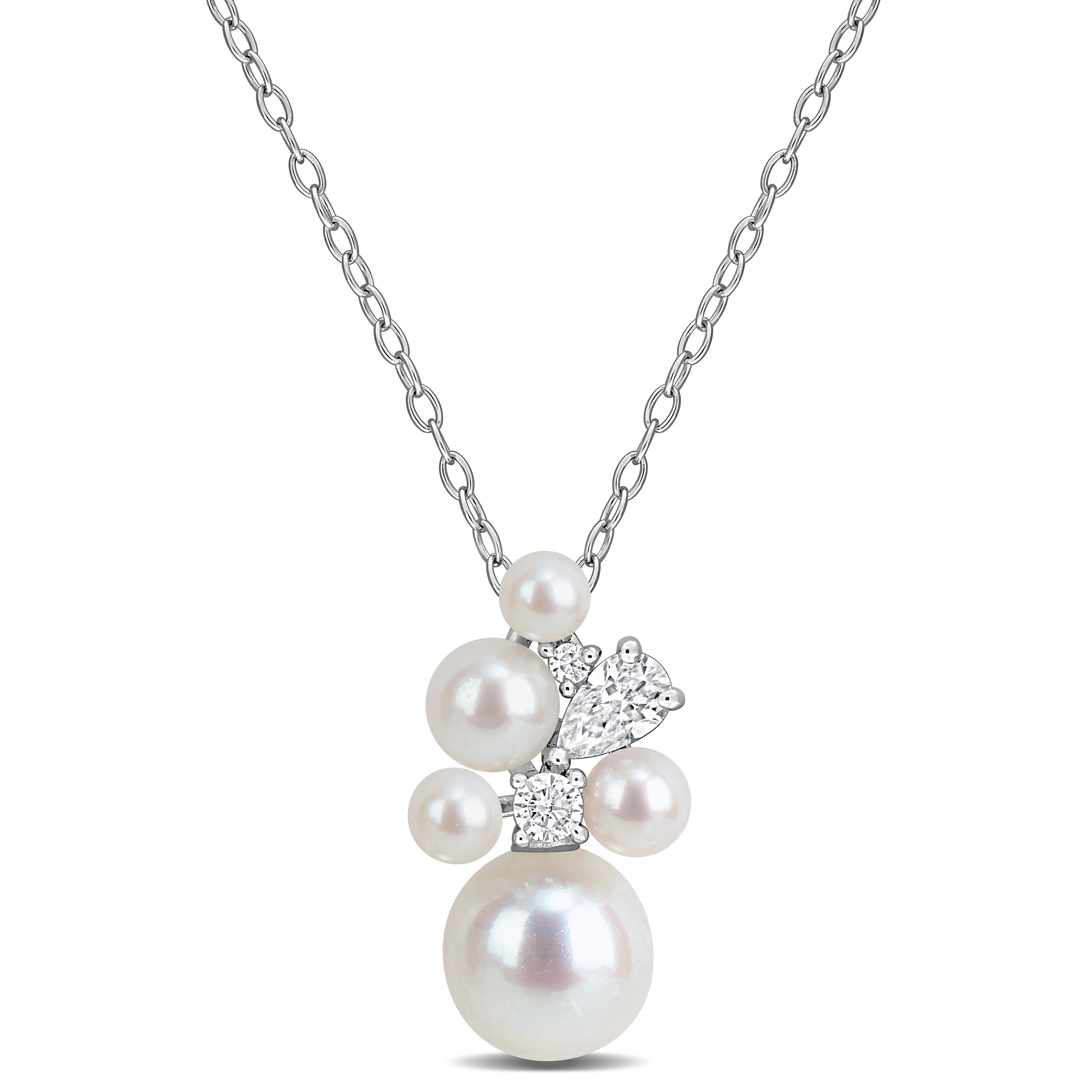 3-8mm Cultured Freshwater Pearl and 1/3ct DEW Created Moissanite Cluster Pendant with Chain in Sterling Silver - 18 in