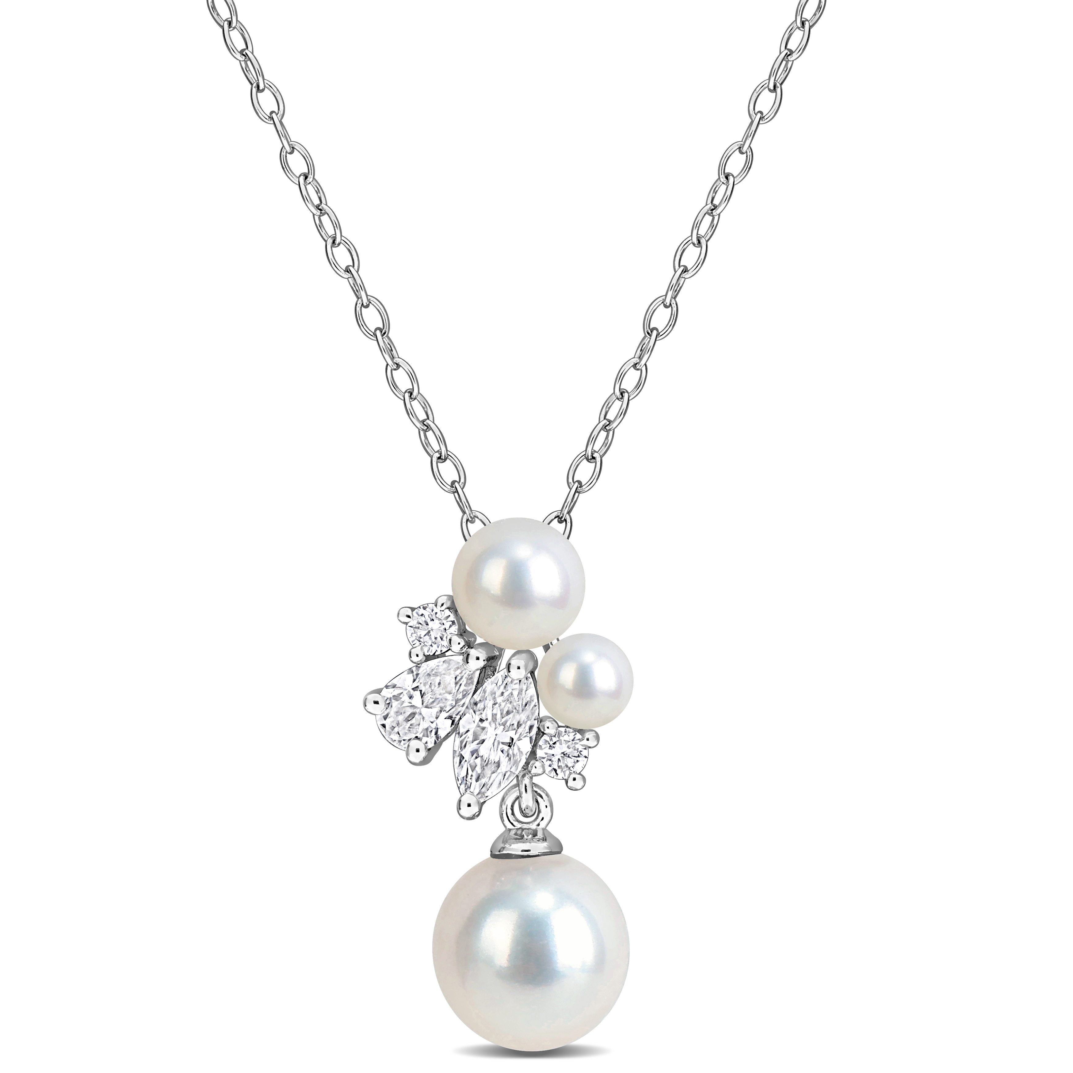 3.5-8mm Cultured Freshwater Pearl and 3/5ct DEW Created Moissanite Cluster Pendant with Chain in Sterling Silver - 18 in