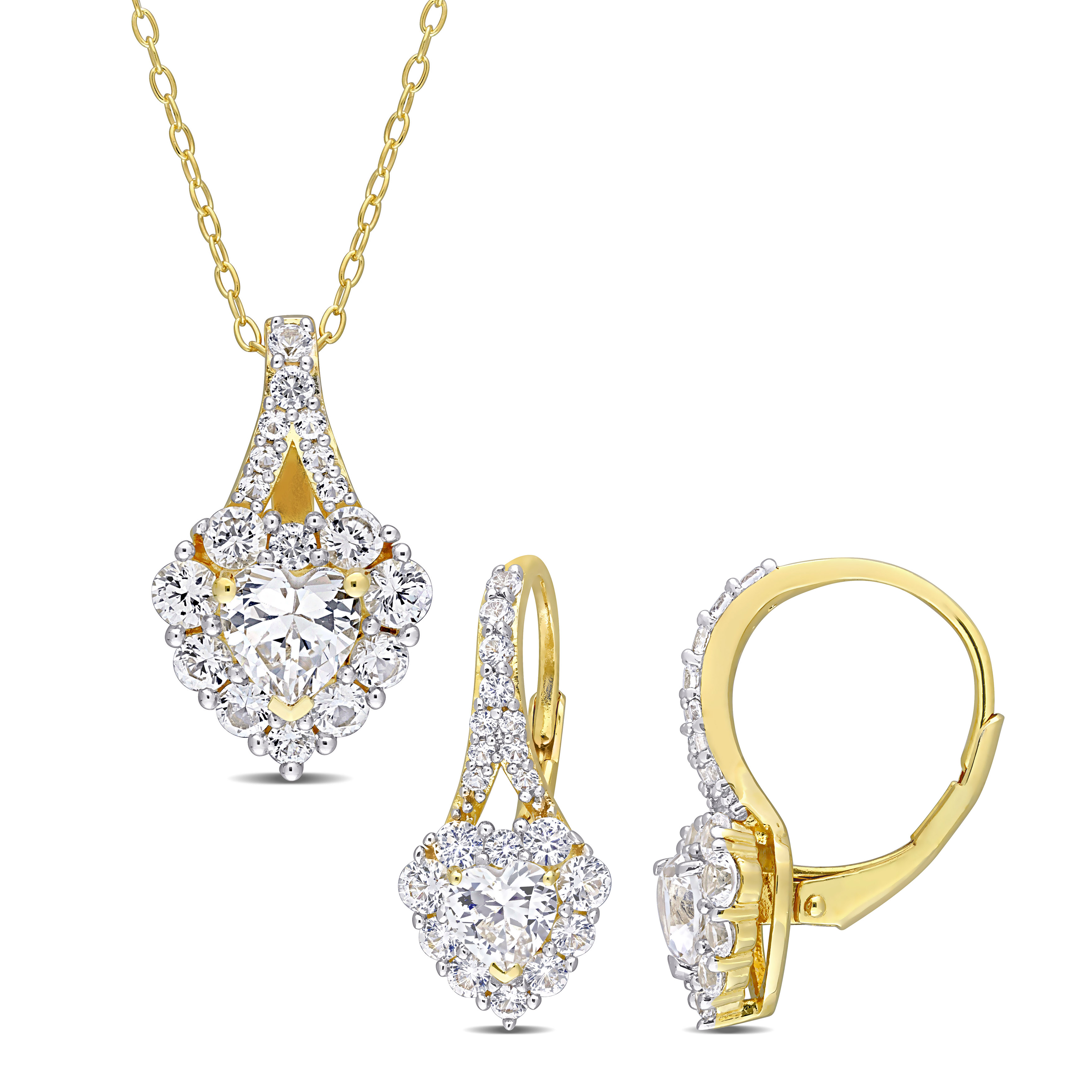 5 1/3 CT TGW Heart-Shaped Created Sapphire Halo Earrings & Pendant with Chain 2-Piece Set in Yellow Plated Sterling Silver