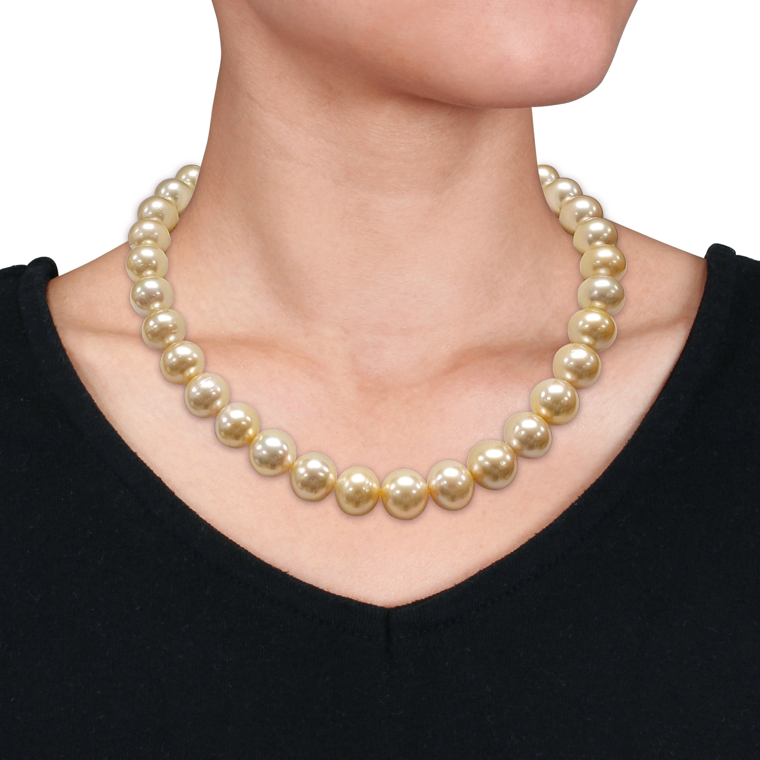 13-14 MM Golden South Sea Cultured Pearl Strand Necklace with 14k Yellow Gold Ball Clasp with Diamond Accents - 18 in.