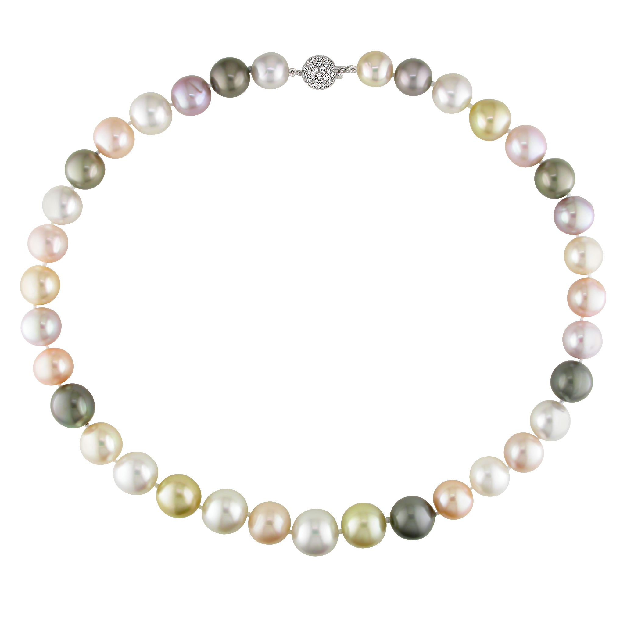10.5-13.7 MM White and Yellow South Sea, Grey Tahitian and Pink Cultured Freshwater Pearl Strand with 14k White Gold 7/8 CT TW Diamond Ball Clasp - 18 in