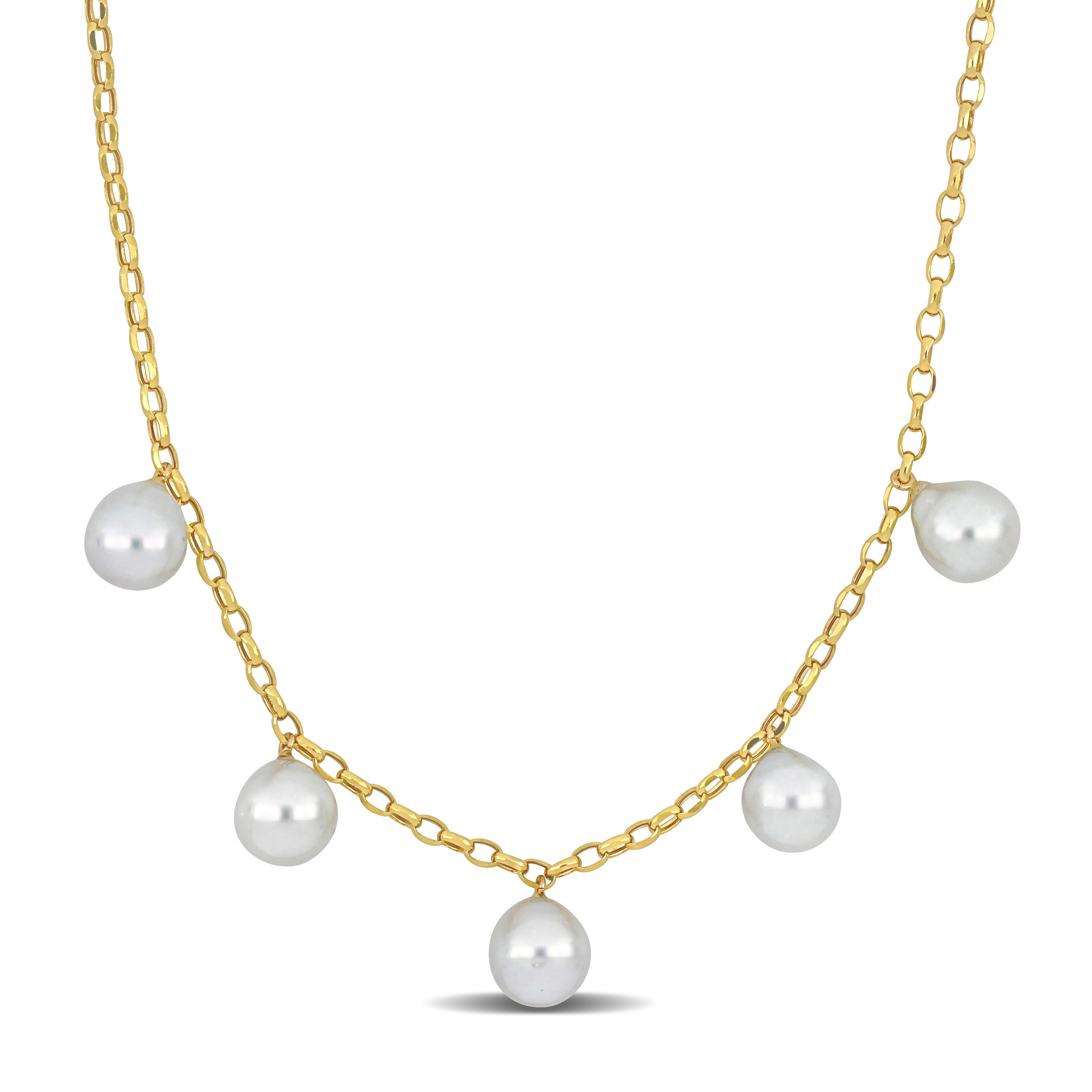 9 - 10 MM Cultured South Sea Drop Pearl 16" Necklace 2.2 MM Diamond Cut Oval Rolo Link Chain in 10K Yellow Gold