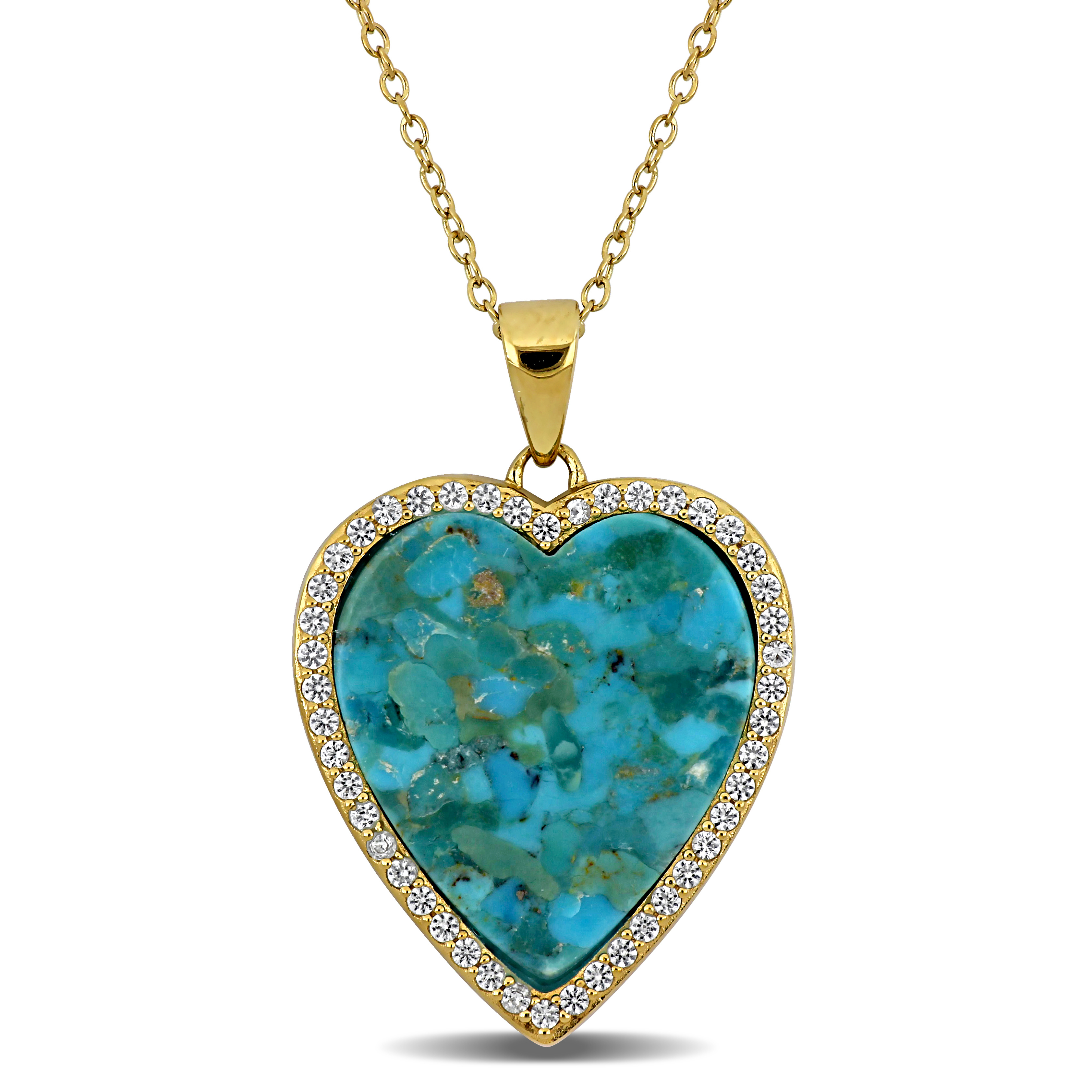 4 1/4ct TGW Composite Turquoise and Created White Sapphire Heart Halo Pendant with Chain in Yellow Plated Sterling Silver - 18 in + 2 ext.