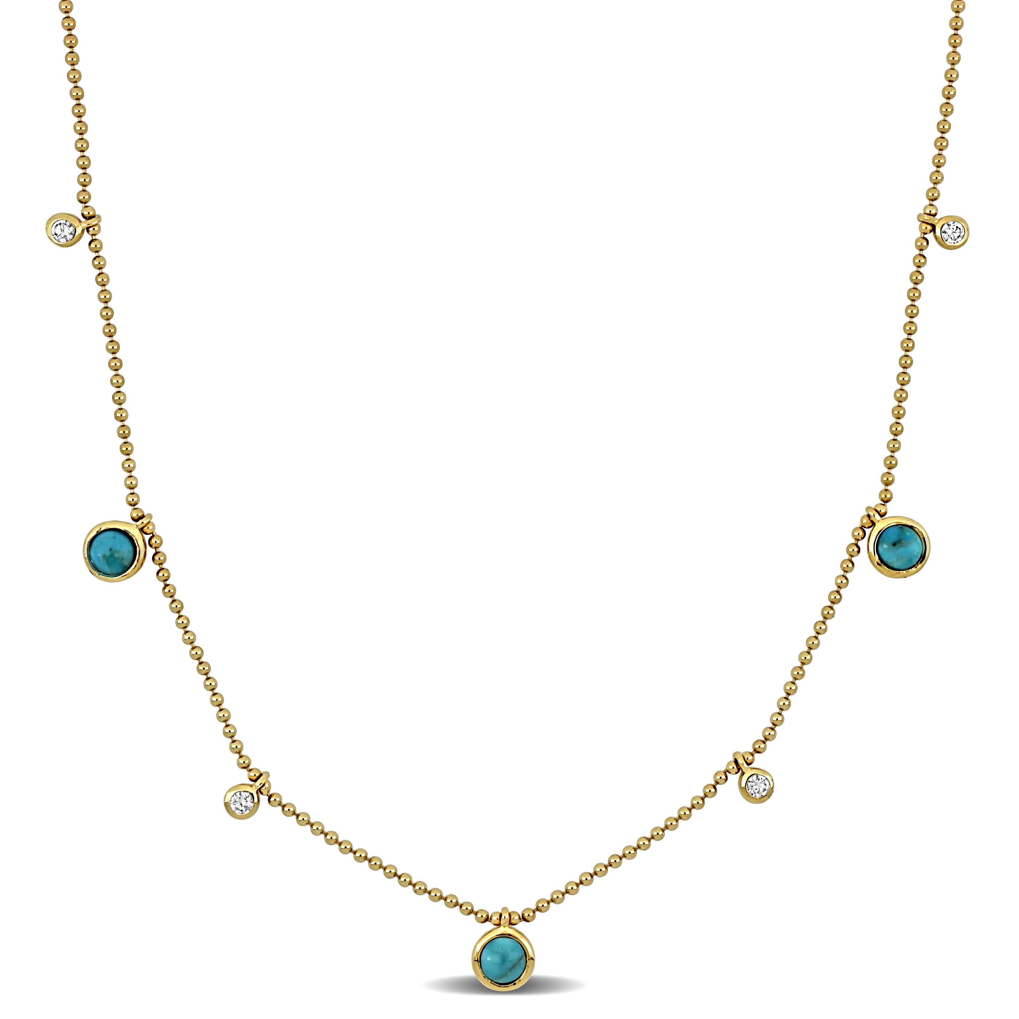4/5ct TGW Composite Light Blue Turquoise and Created White Sapphire Station Necklace in Yellow Plated Sterling Silver - 18 in + 2 ext.