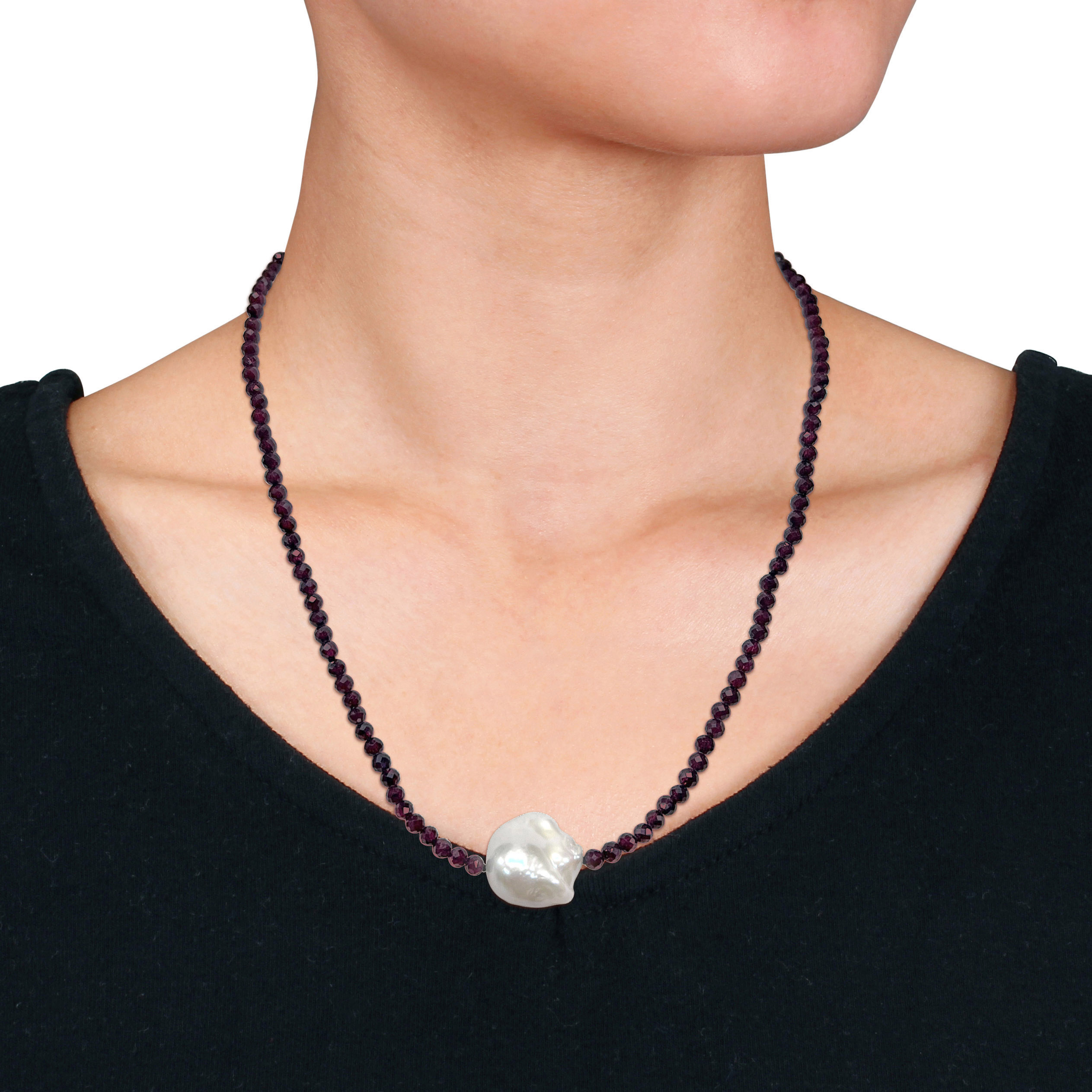 13-15 MM Cultured Freshwater Pearl and Purple Garnet Beaded Layering Necklace - 20 in.