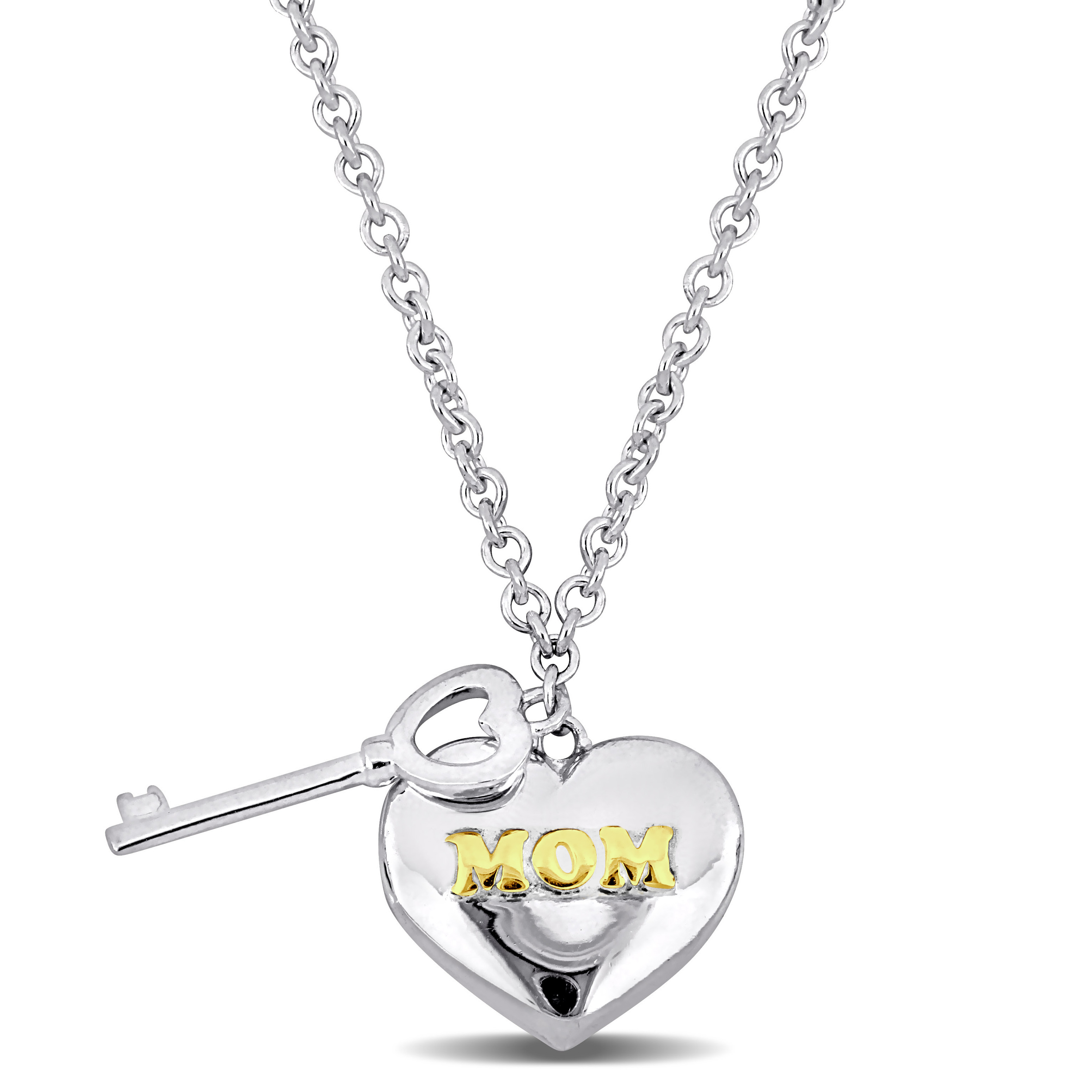 Heart and Key Charm Mother's Day Necklace in Sterling Silver w/ 18k Yellow Gold Plating - 16+2 in.