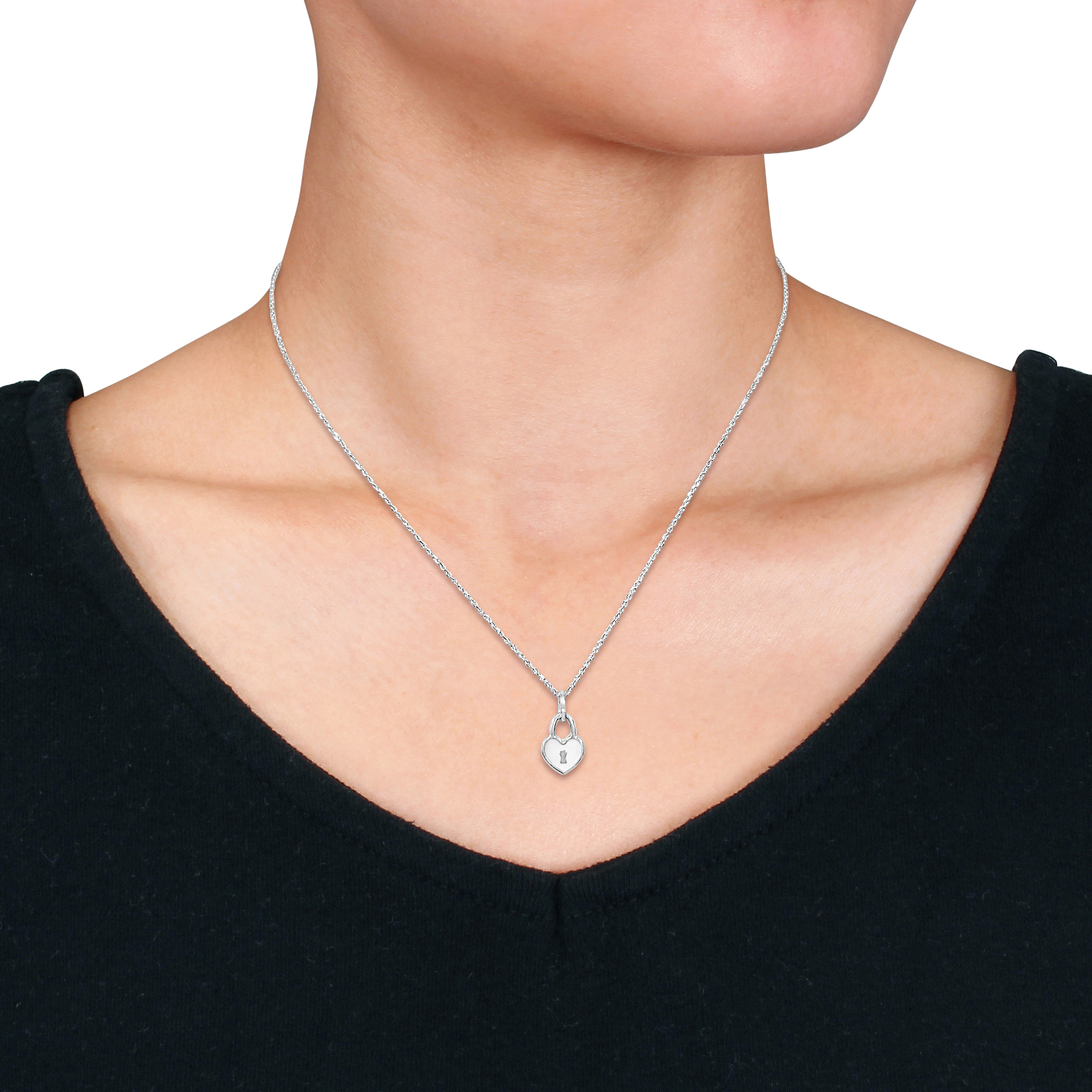 White Enamel Heart Lock Charm Necklace in Sterling Silver - 16+2 in.