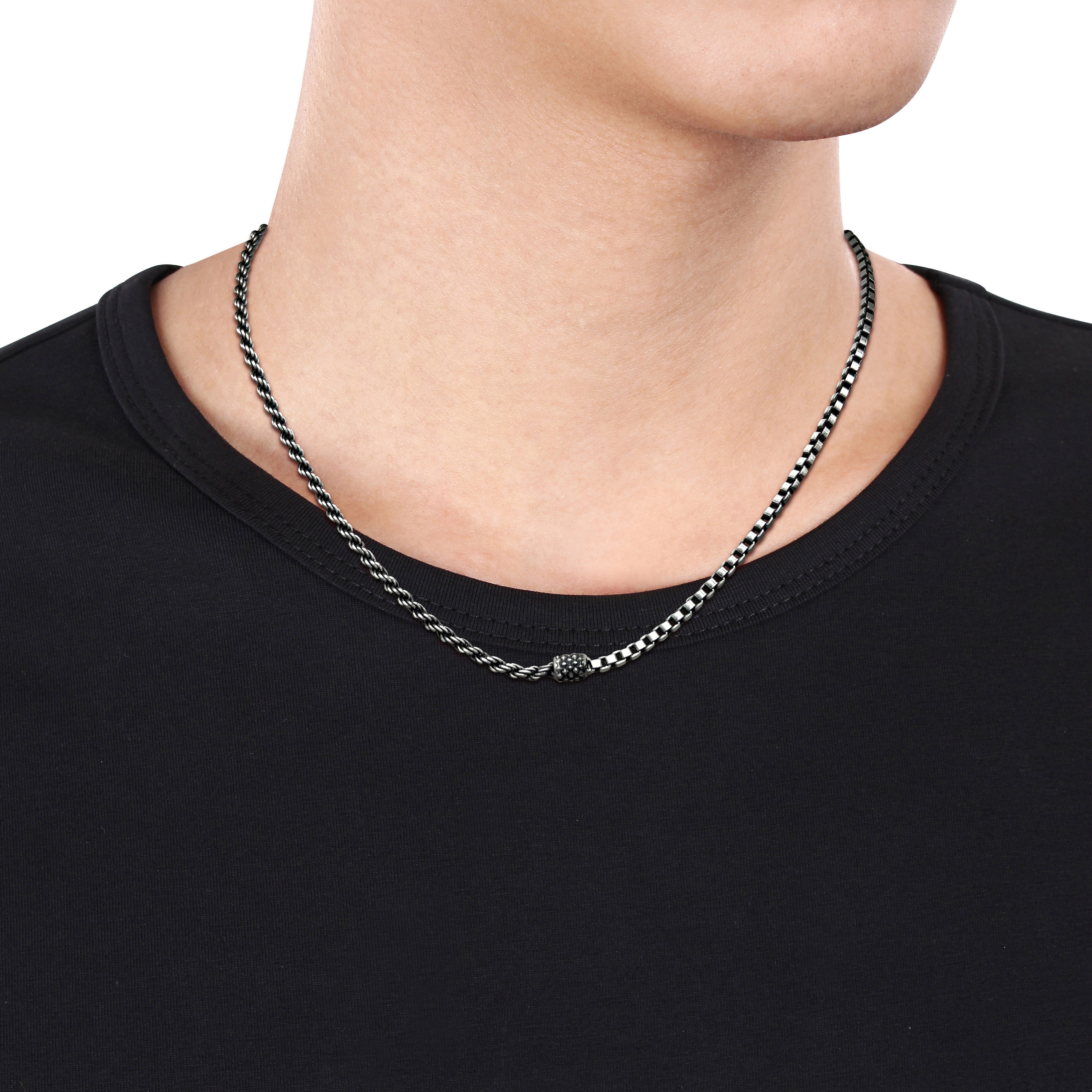 Half Rope + Half Box Link Oxidized Necklace in Sterling Silver - 20 in.
