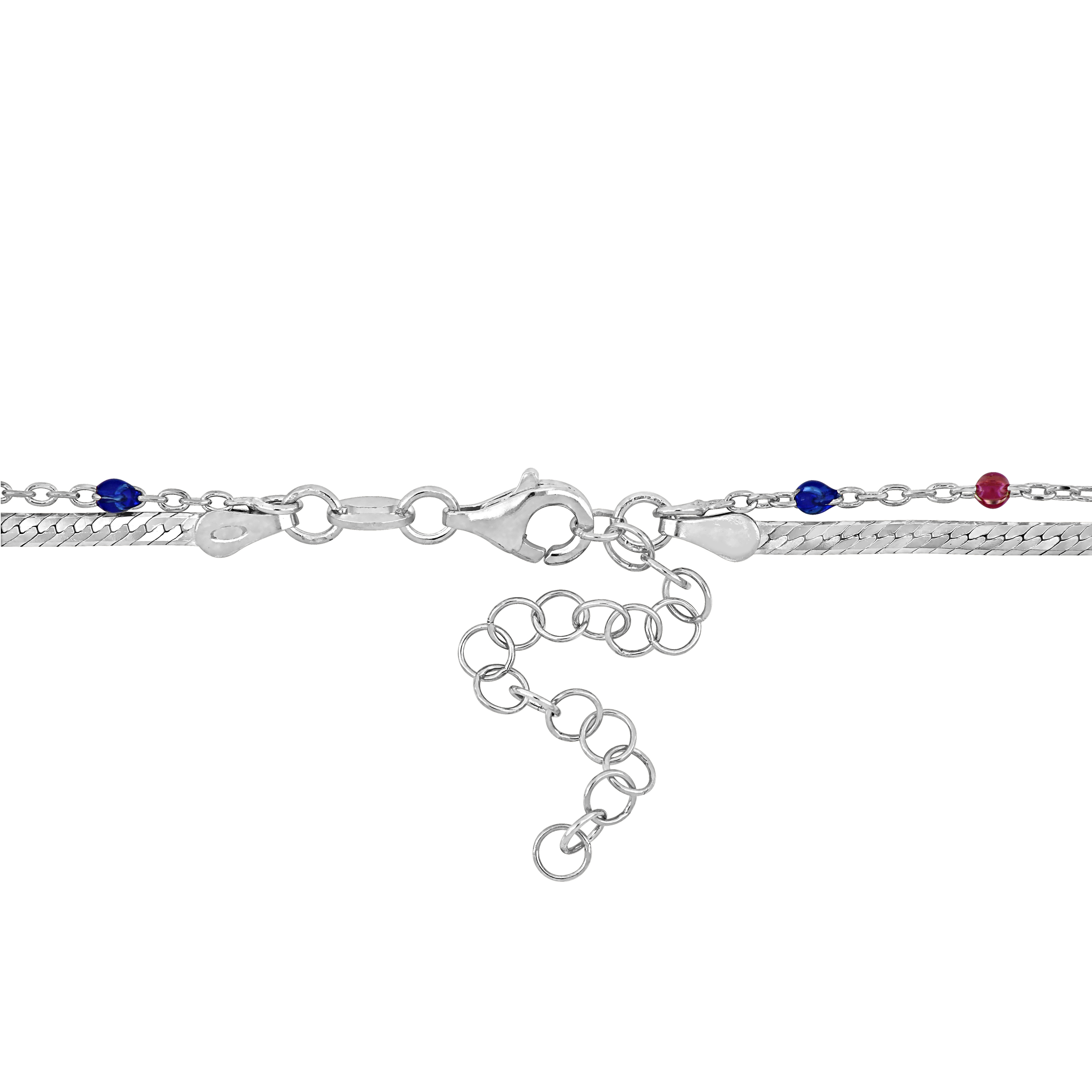 Multi-Color Bead Double Strand Herringbone Necklace in Sterling Silver - 15+2 in.