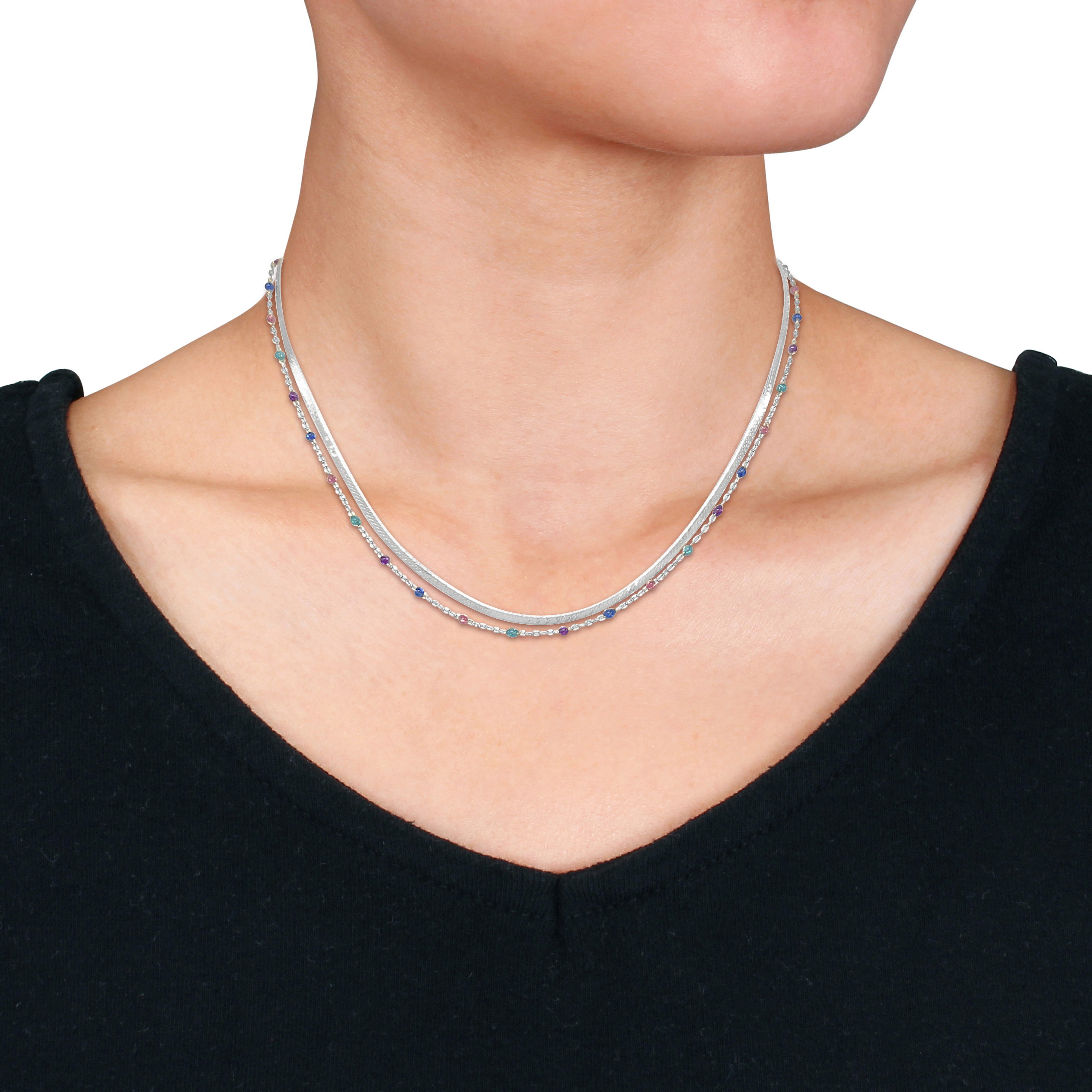 Multi-Color Bead Double Strand Herringbone Necklace in Sterling Silver - 15+2 in.