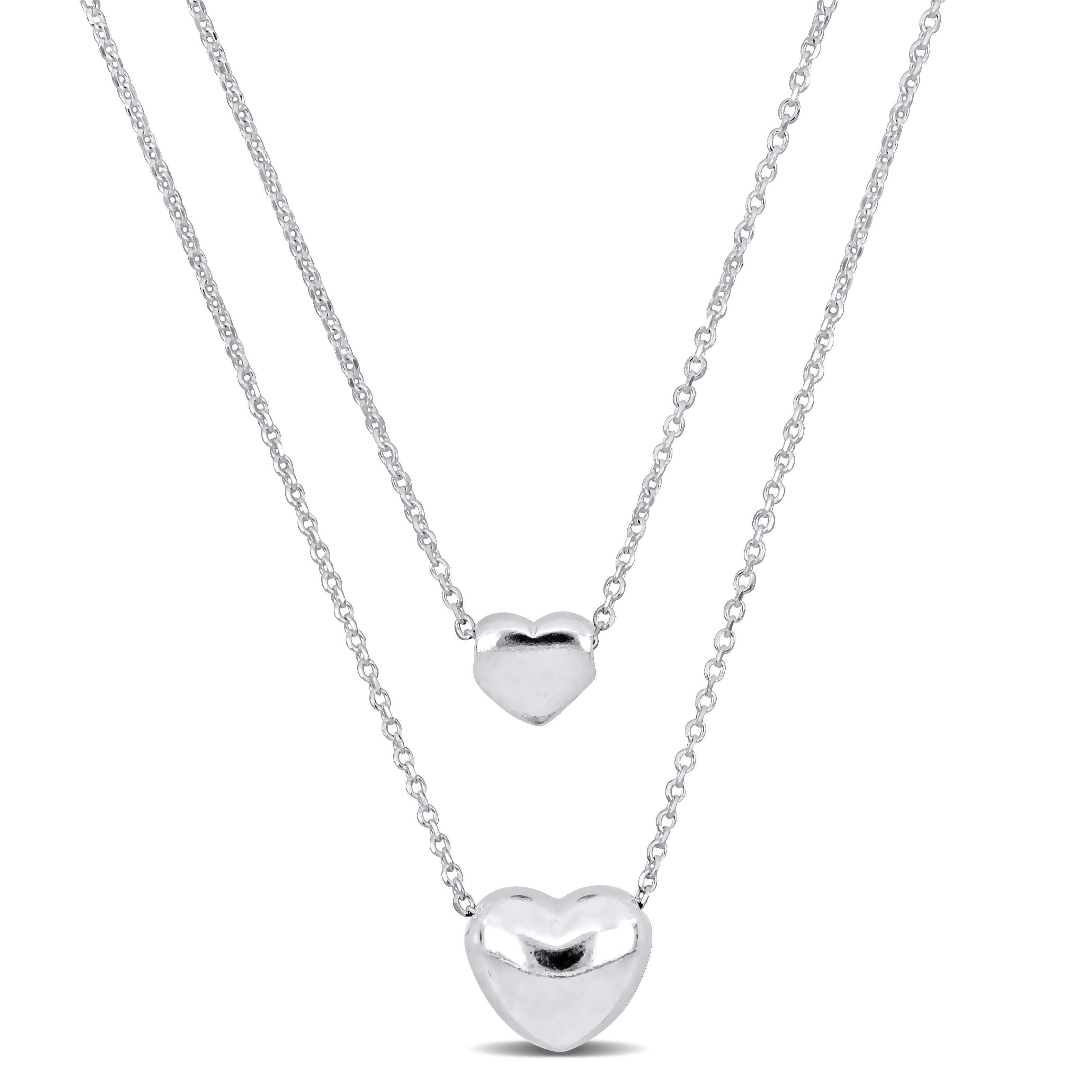 Two Heart Double Strand Charm Necklace in Sterling Silver - 16+18 in.