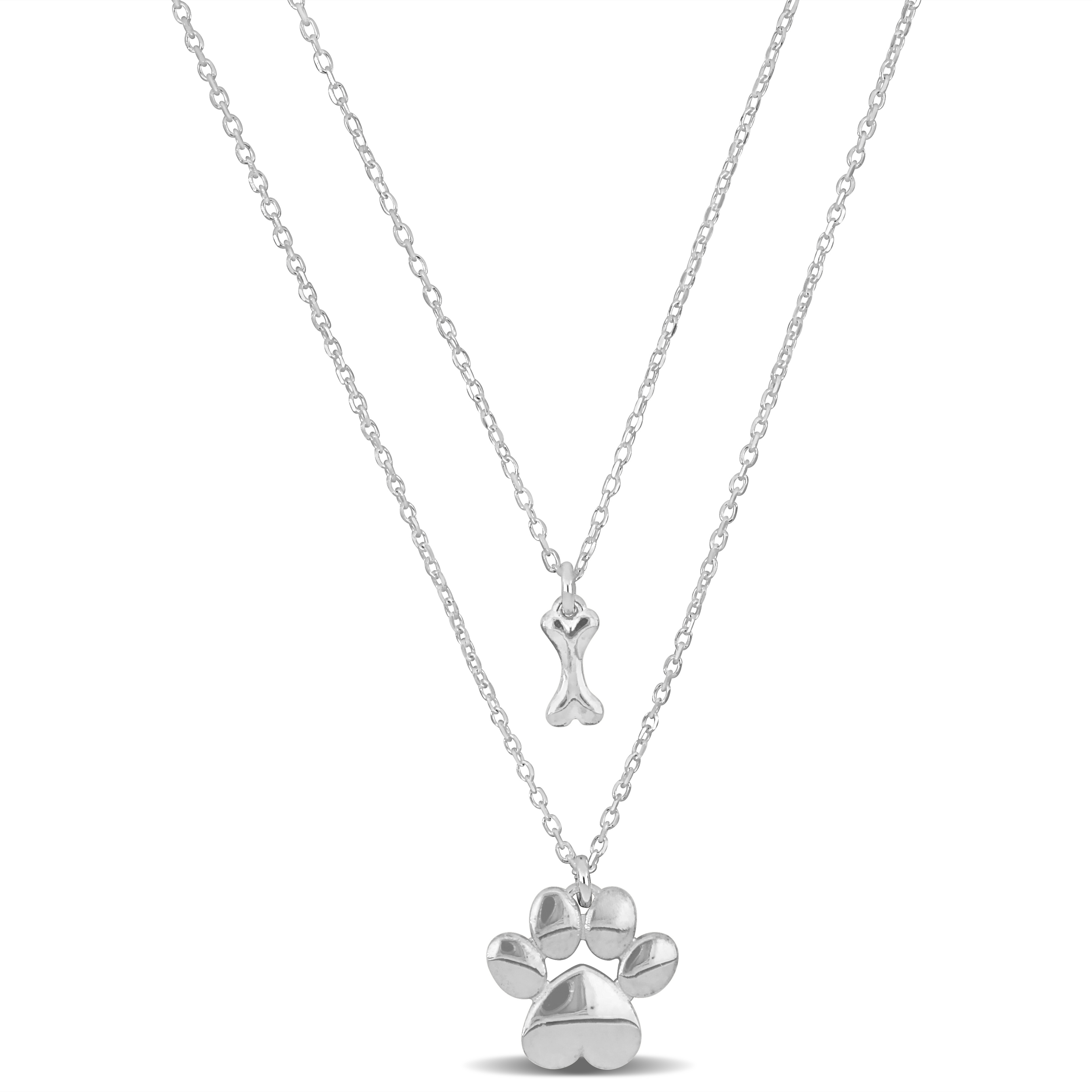 Paw and Bone Charm Double Strand Necklace in Sterling Silver - 16+18+1 in.