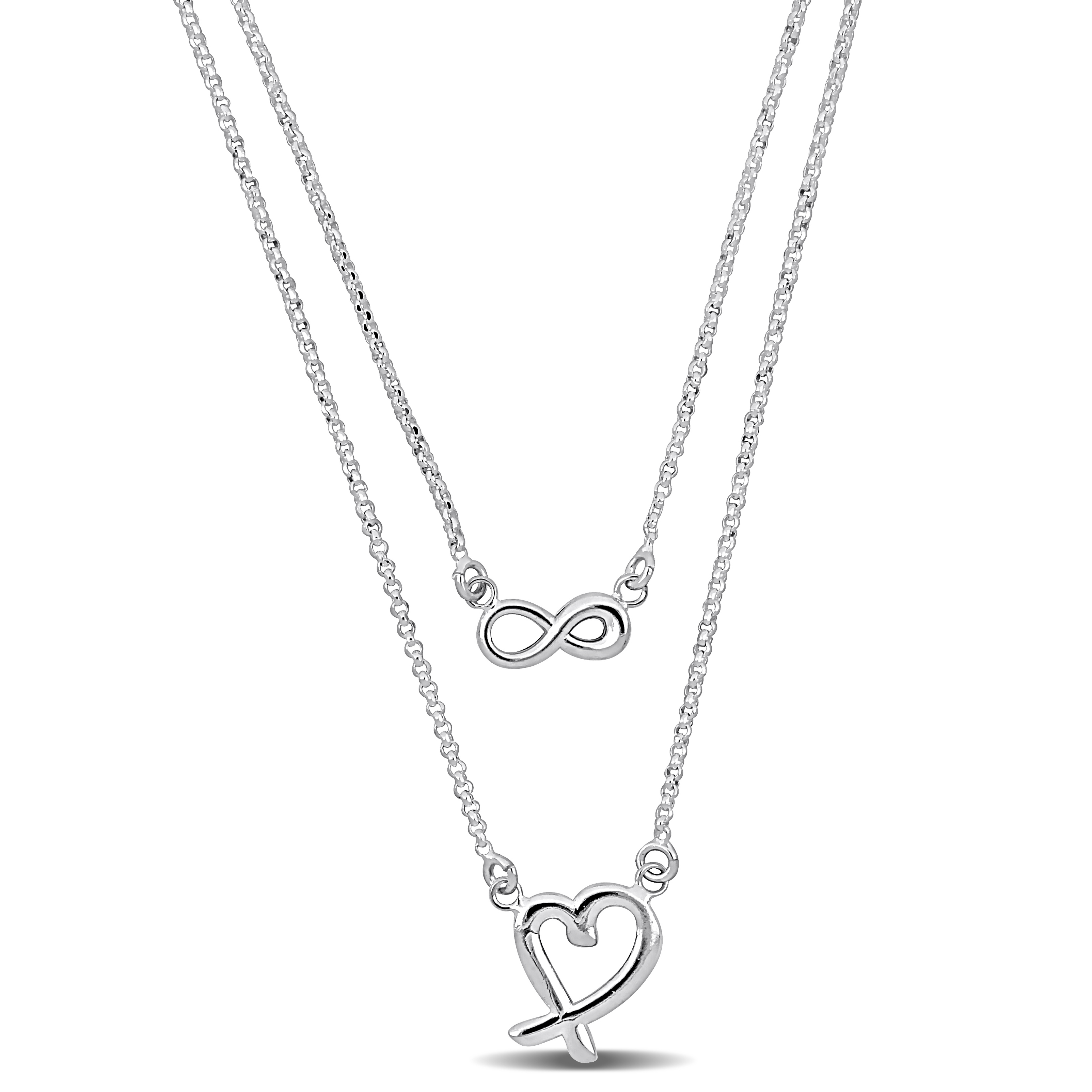 Infinity and Heart Charm Double Strand Necklace in Sterling Silver - 16+18+1 in.