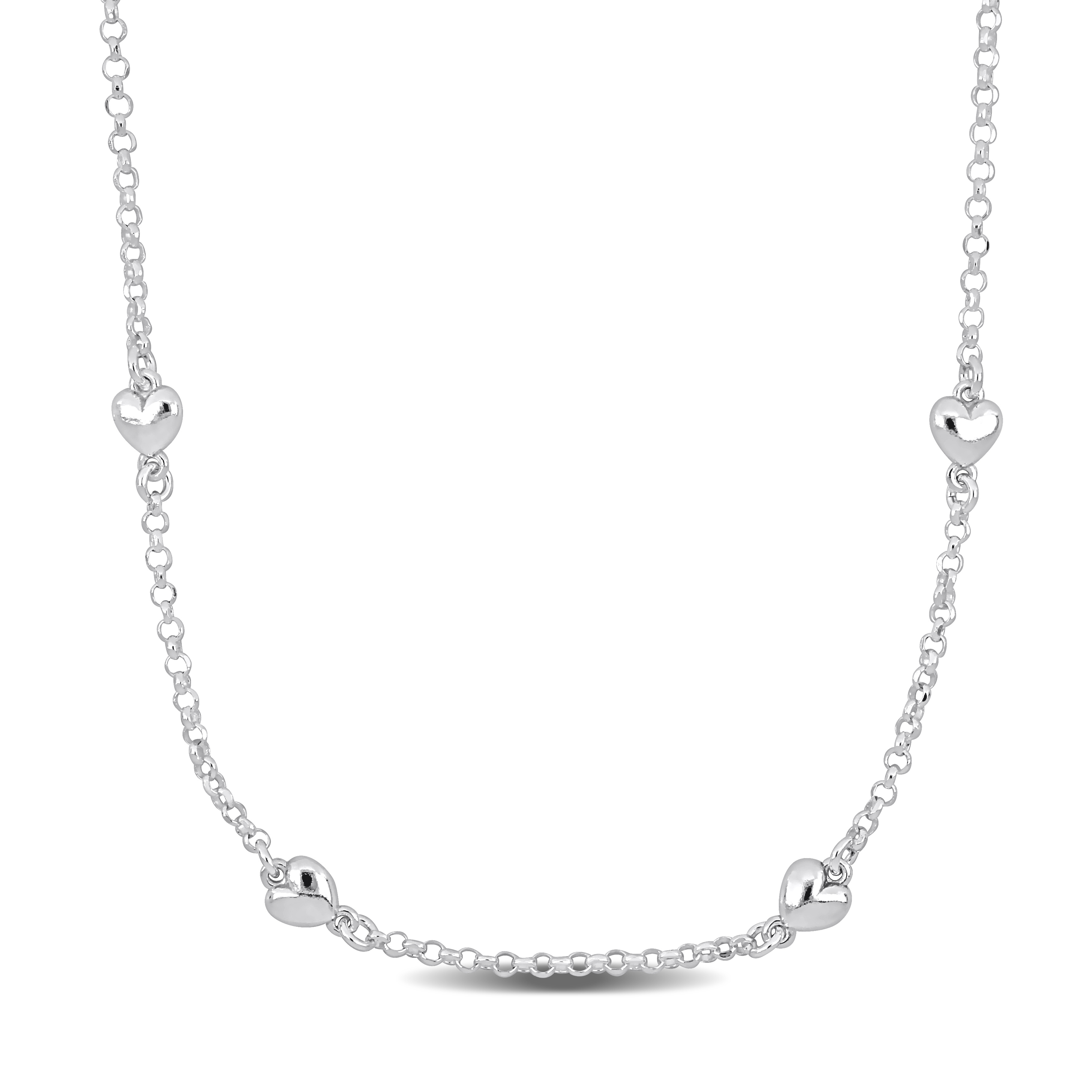 Four Heart Charm Station Necklace on Diamond Cut Rolo Chain in Sterling Silver - 16.5+1 in.