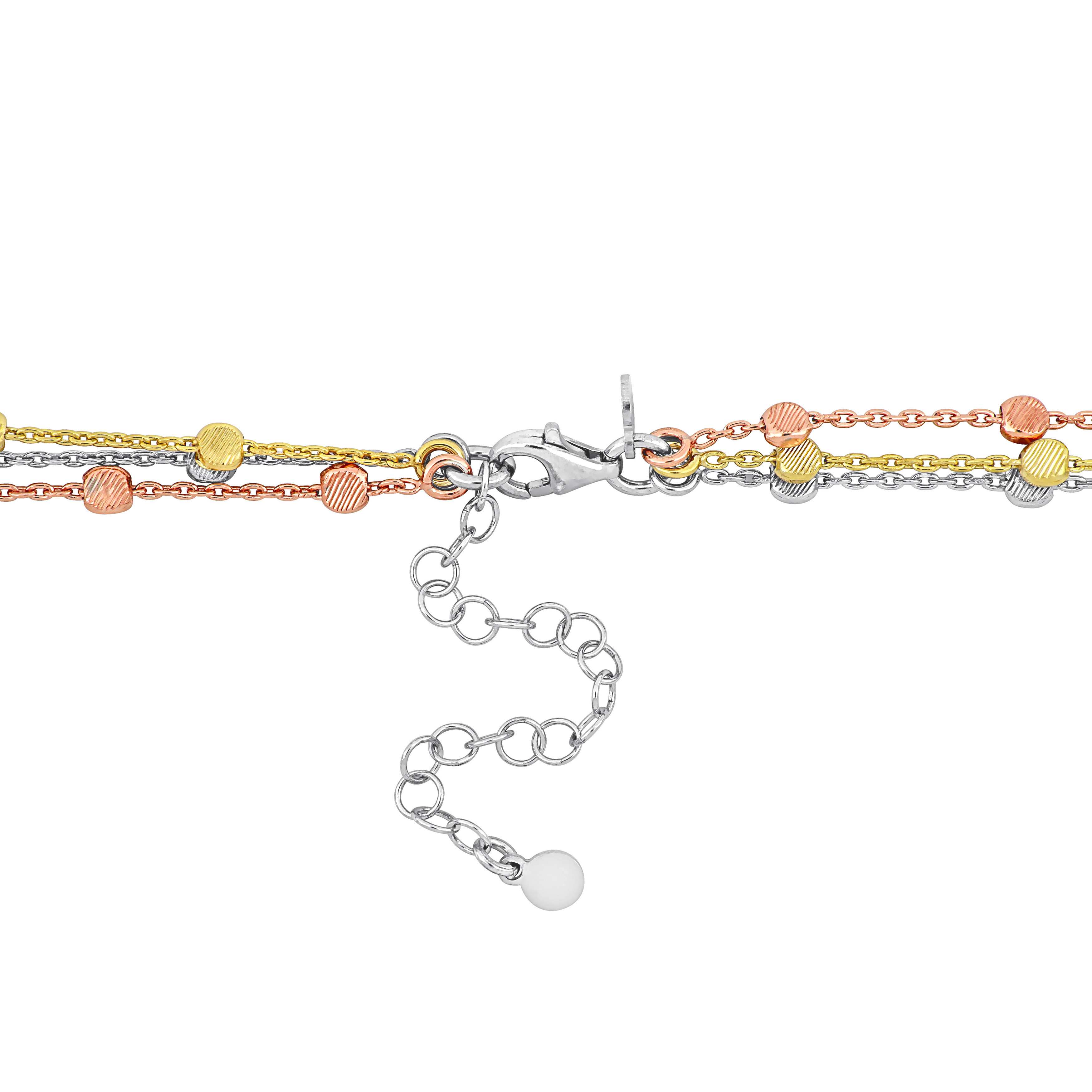 3-Strand Ball Station Necklace in 3-Tone Rose Yellow and White Sterling Silver - 16+2 in.