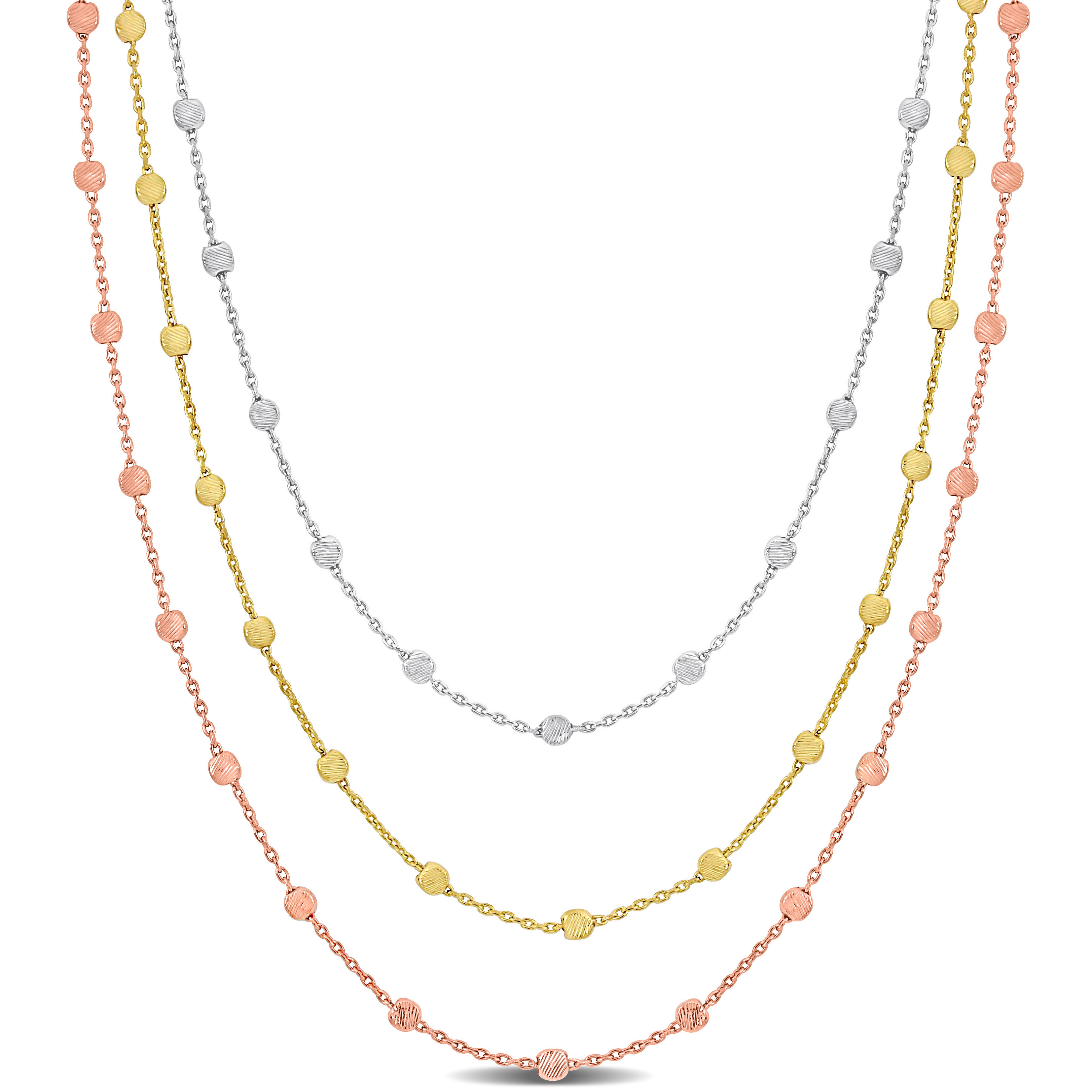 3-Strand Ball Station Necklace in 3-Tone Rose Yellow and White Sterling Silver - 16+2 in.