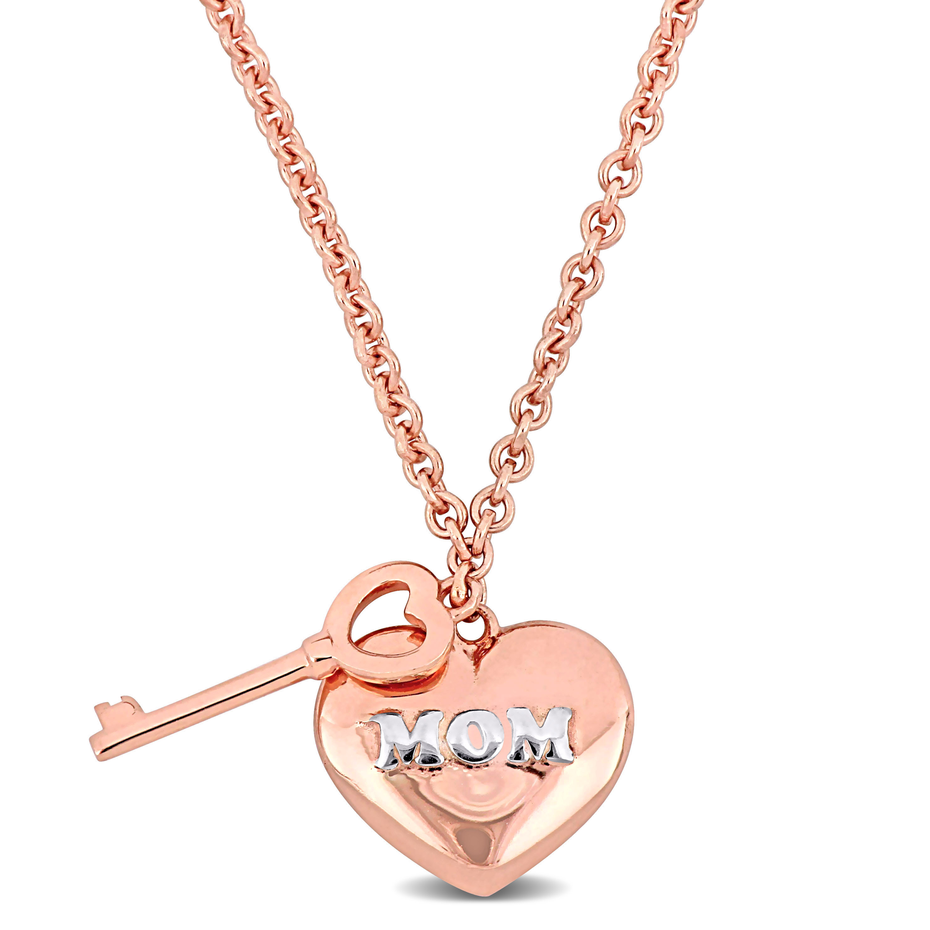 Heart and Key Charm Love Mom Necklace in Rose Silver w/ 18k White Gold Plating Sterling Silver - 16 + 2 in ext.
