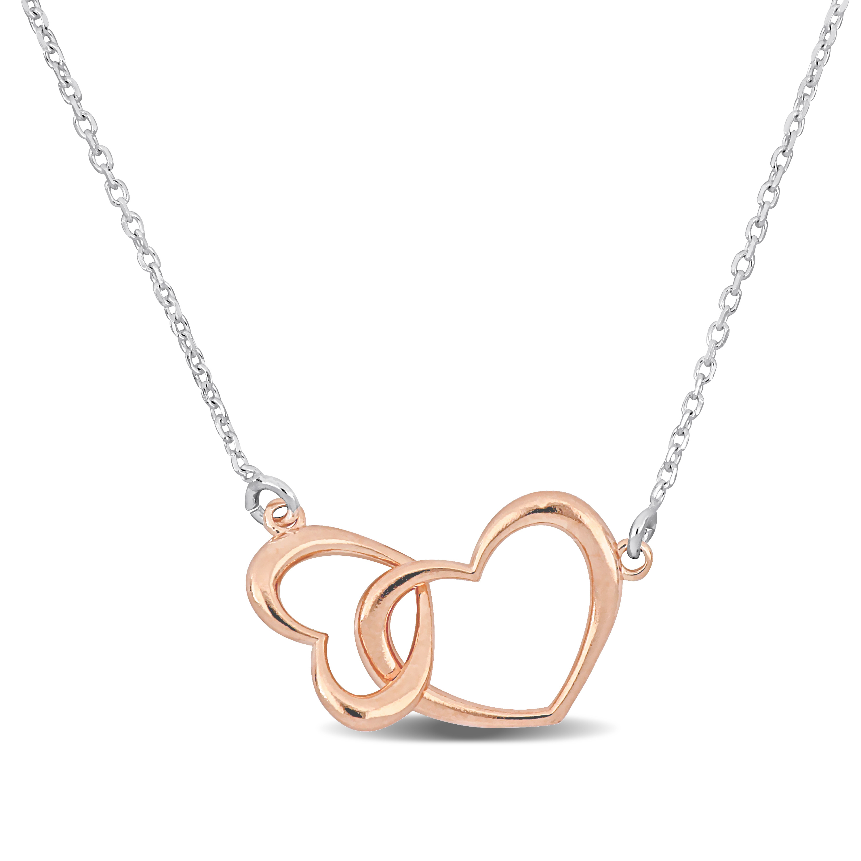 Pink Double Heart Necklace in Sterling Silver - 16.5+1 in.