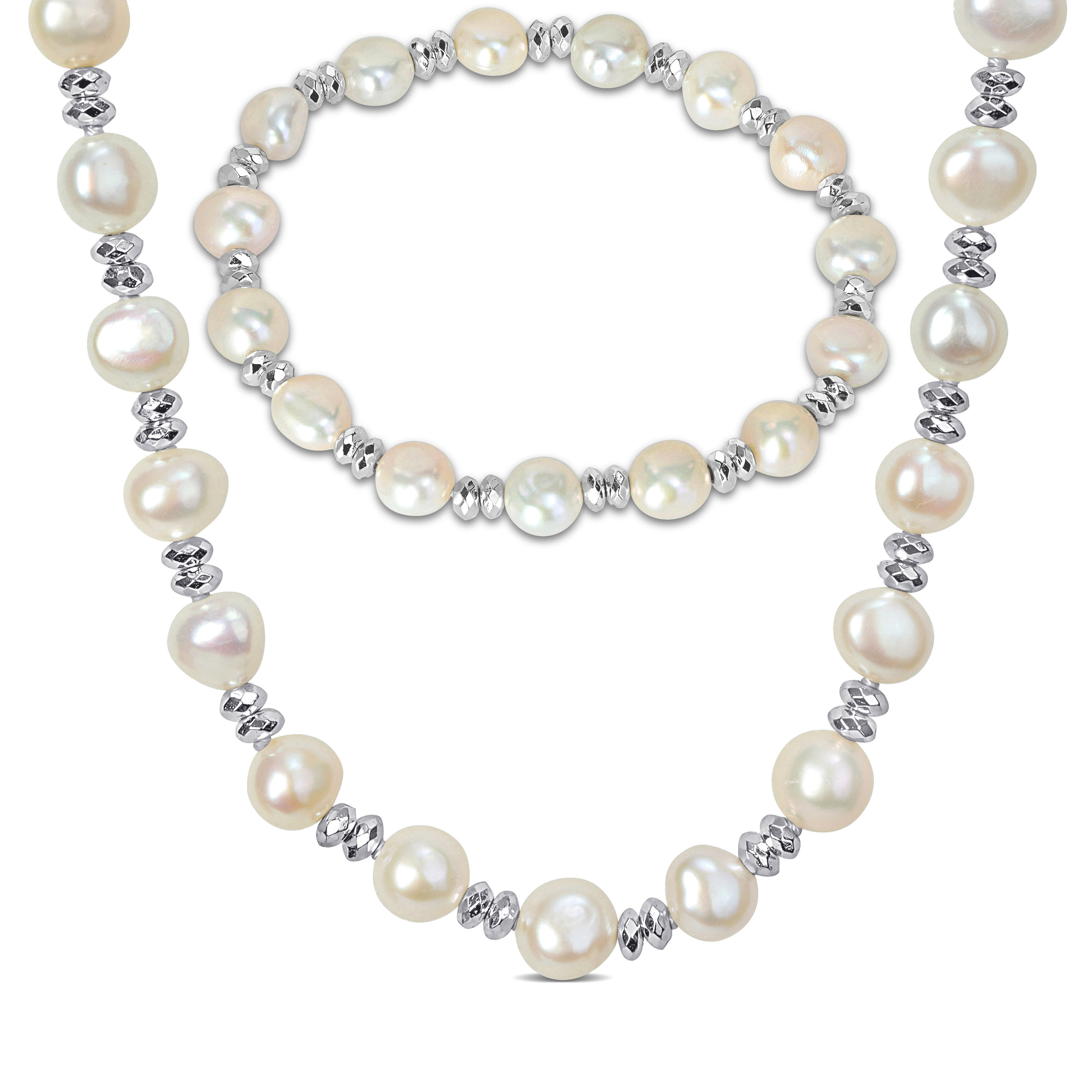 7-8 MM Cultured Freshwater Pearl Strand Necklace and Double Rondelle Bracelet Set in Sterling Silver- 18 in + 2 in ext, 7 in