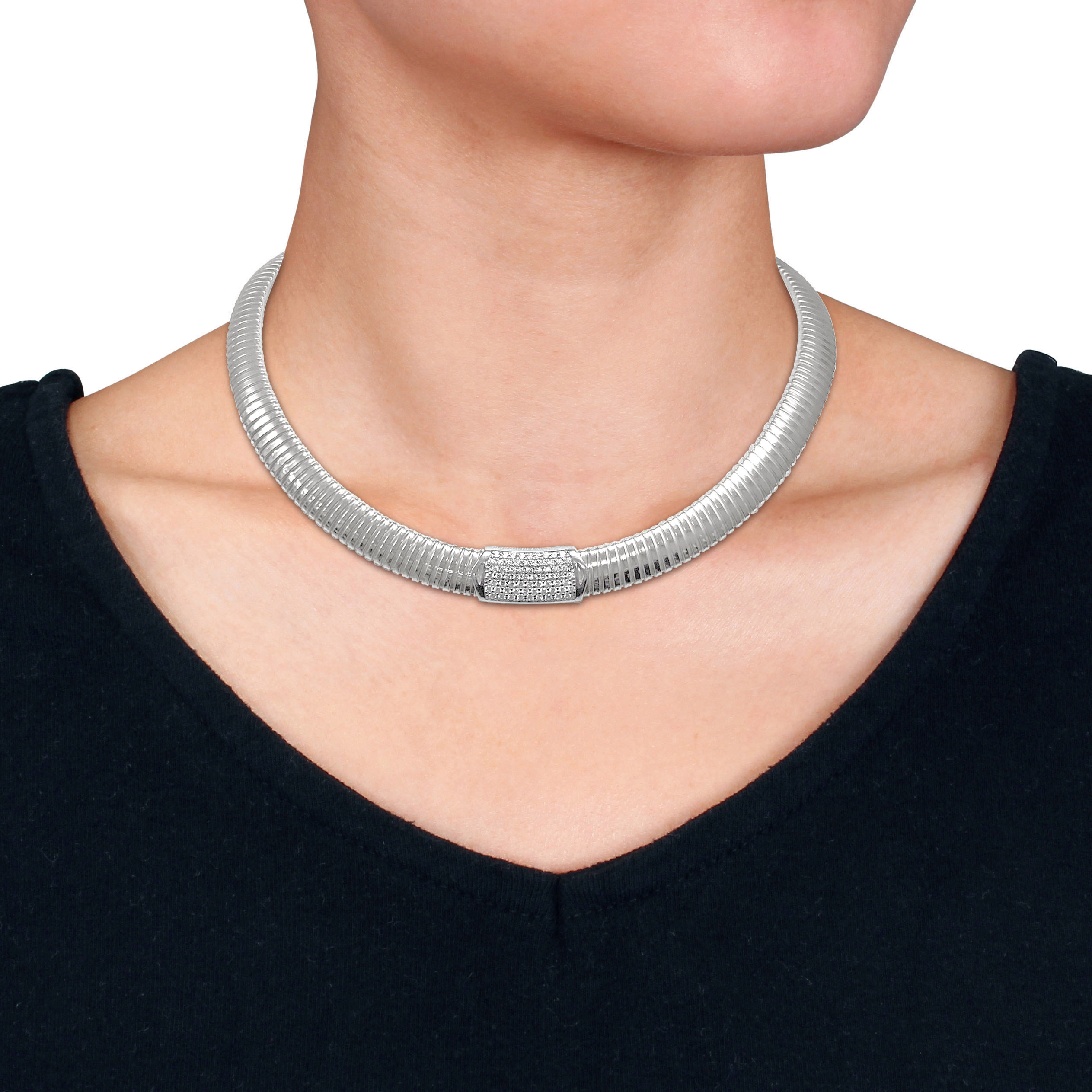 5/8ct TGW Cubic Zirconia Rectangular Cluster Omega Necklace in Sterling Silver - 18 in