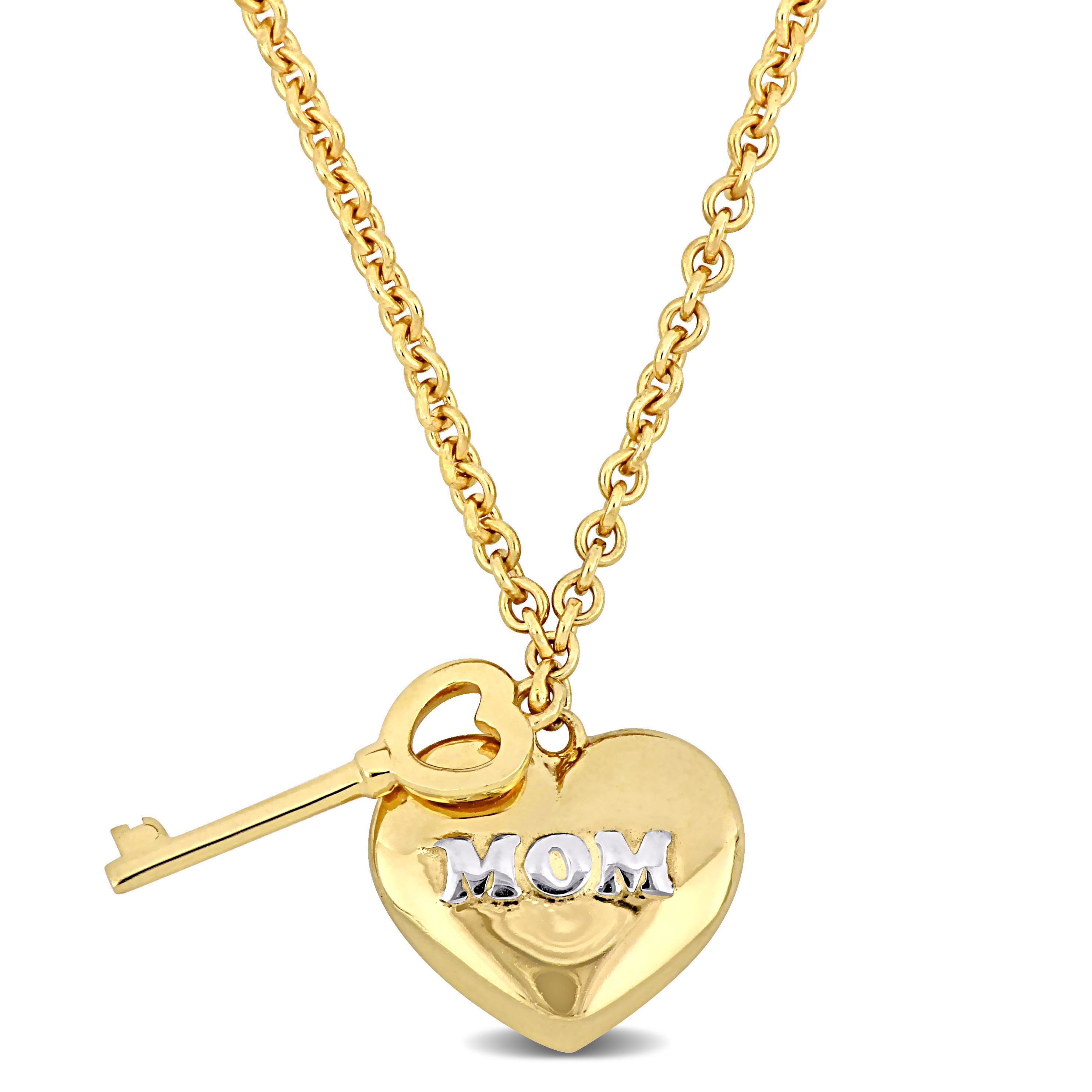 Heart and Key Charm Love Mom Necklace in Yellow Silver w/ 18k White Gold Plating - 16+2 in.