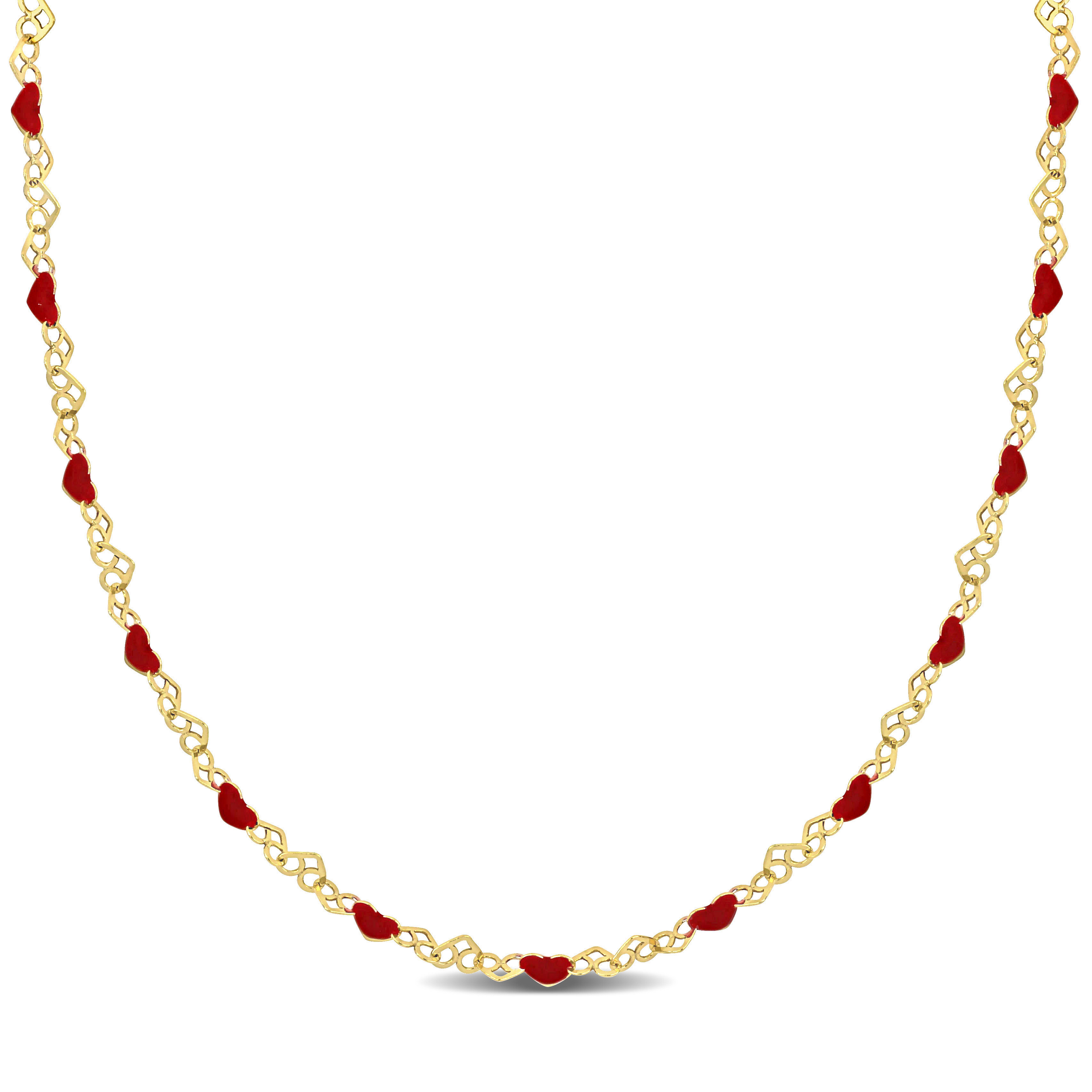 Red Enamel Bead Heart Link Chain Necklace in Yellow Plated Sterling Silver - 18 in.