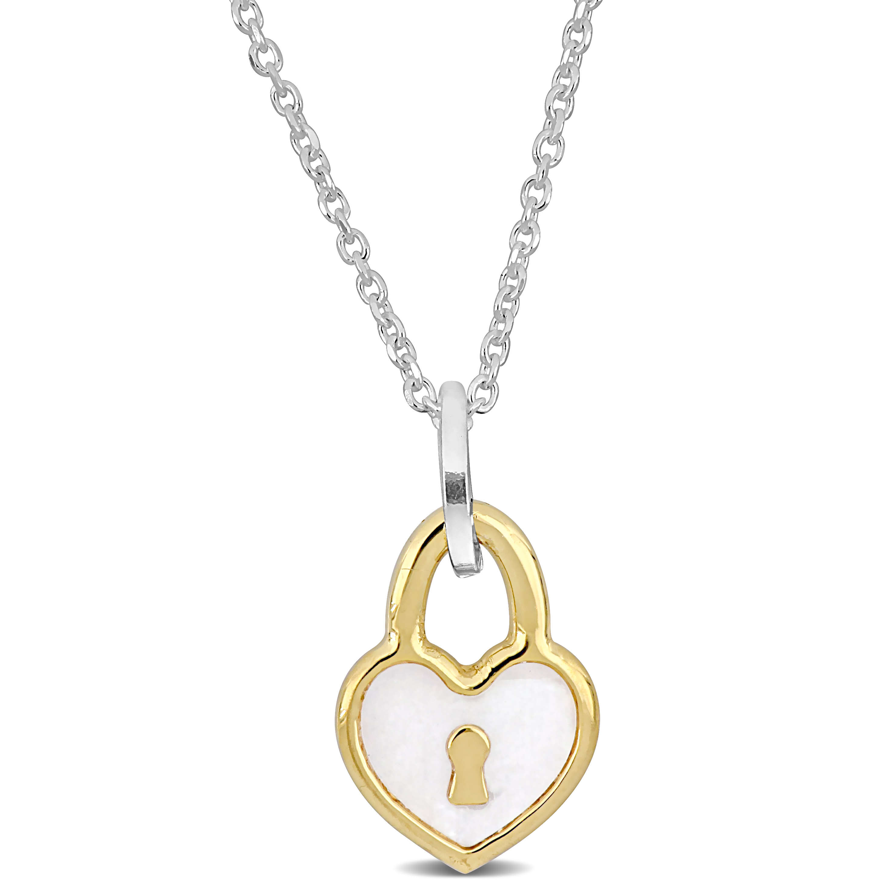 White and Yellow Heart Lock Charm Necklace w/ White Enamel in Sterling Silver - 16+2 in.