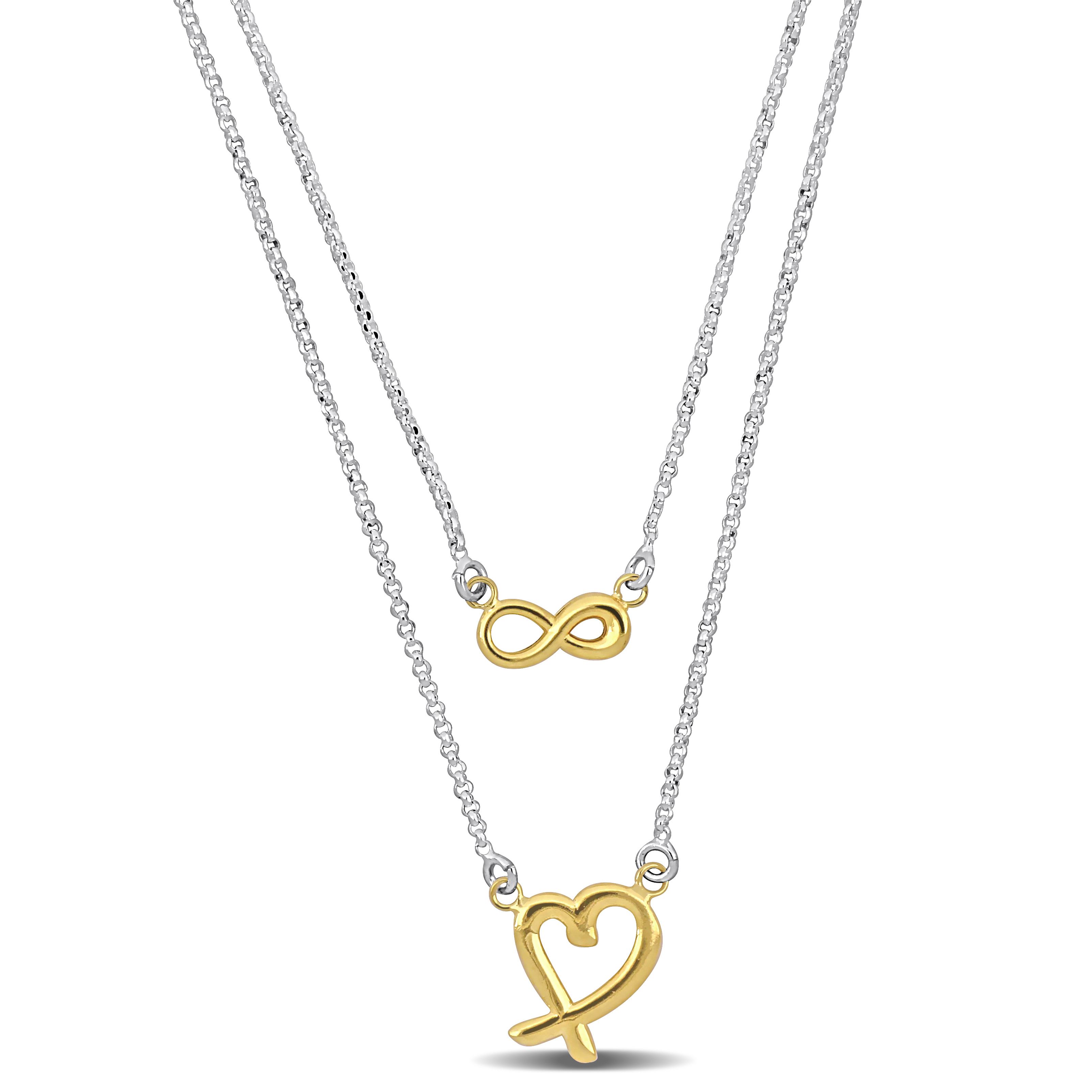 Yellow Infinity and Heart Charm Double Strand Necklace in Sterling Silver - 16+18+1 in.