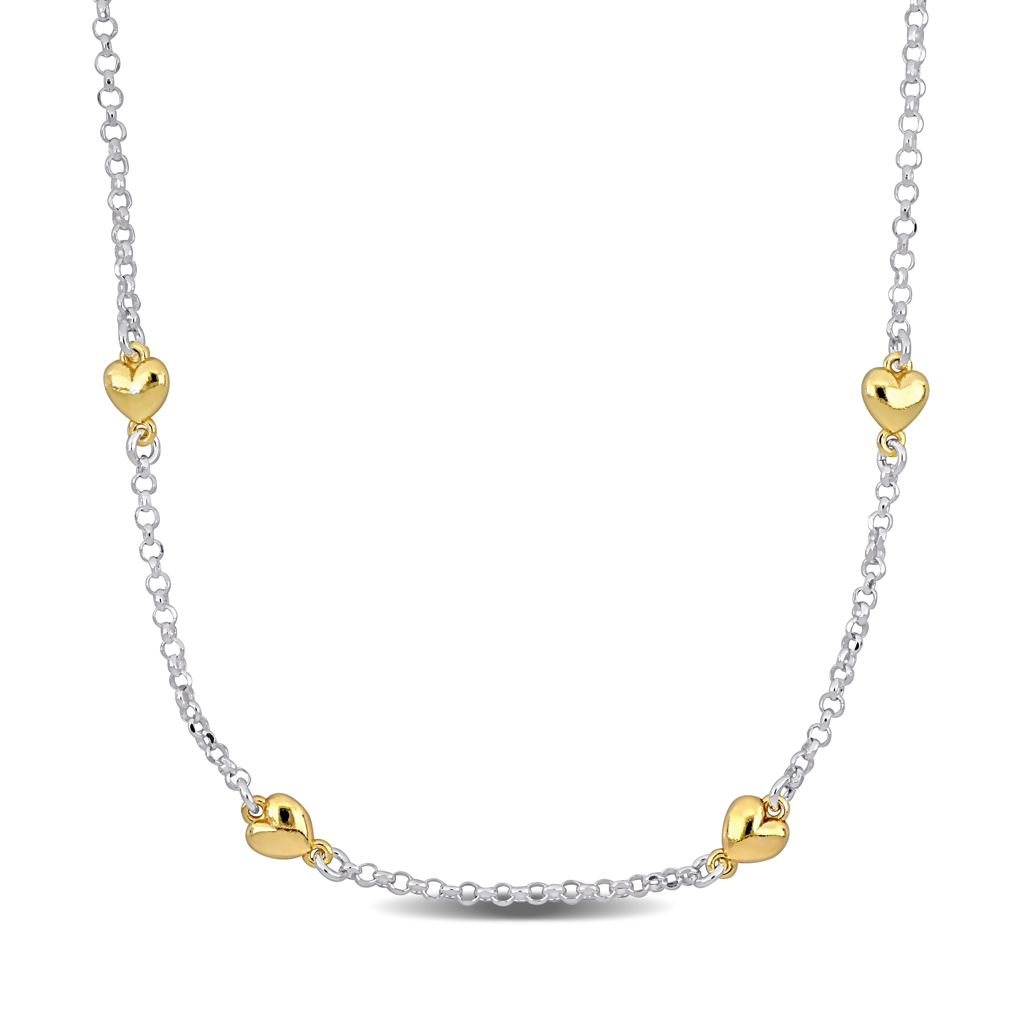 Four Heart Charm Station Necklace in Two-Tone Yellow and White Sterling Silver - 16.5 in.