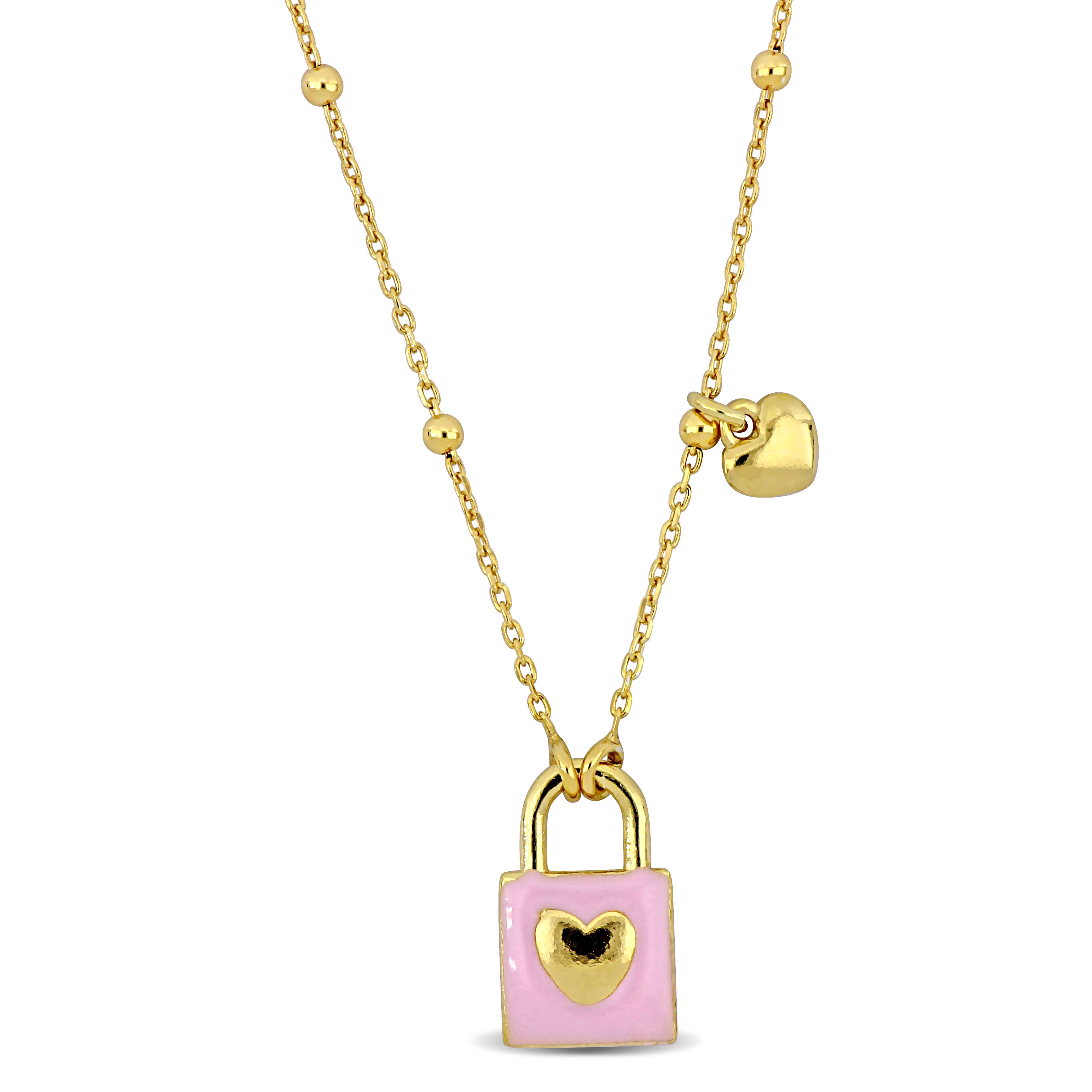 Pink Enamel Lock and Heart Charm Necklace on Diamond Cut Ball Bead Chain in Yellow Silver- 16.5+1 in.