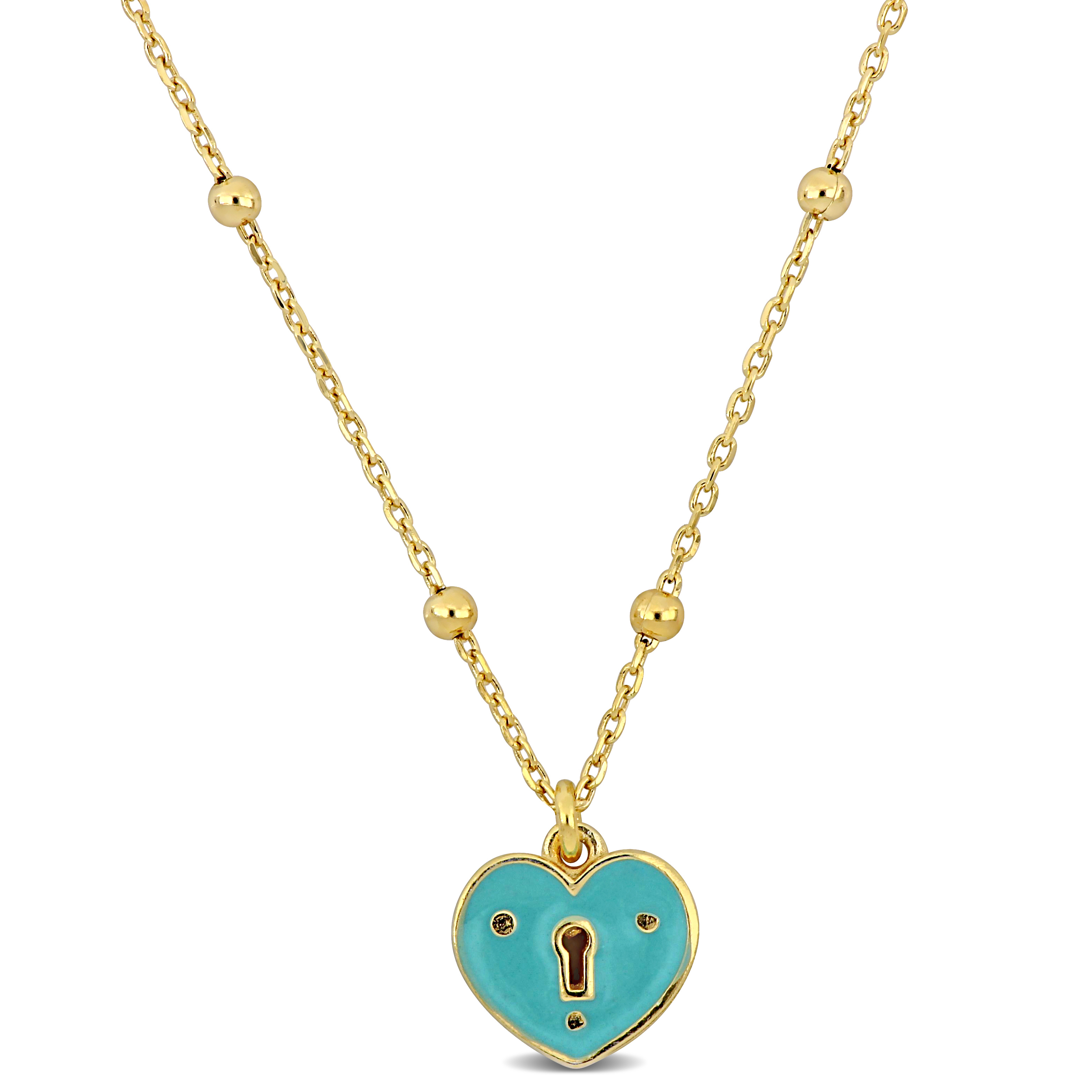Turquoise Enamel Heart Necklace on Diamond Cut Ball Bead Chain in Yellow Silver - 16.5+1 in.