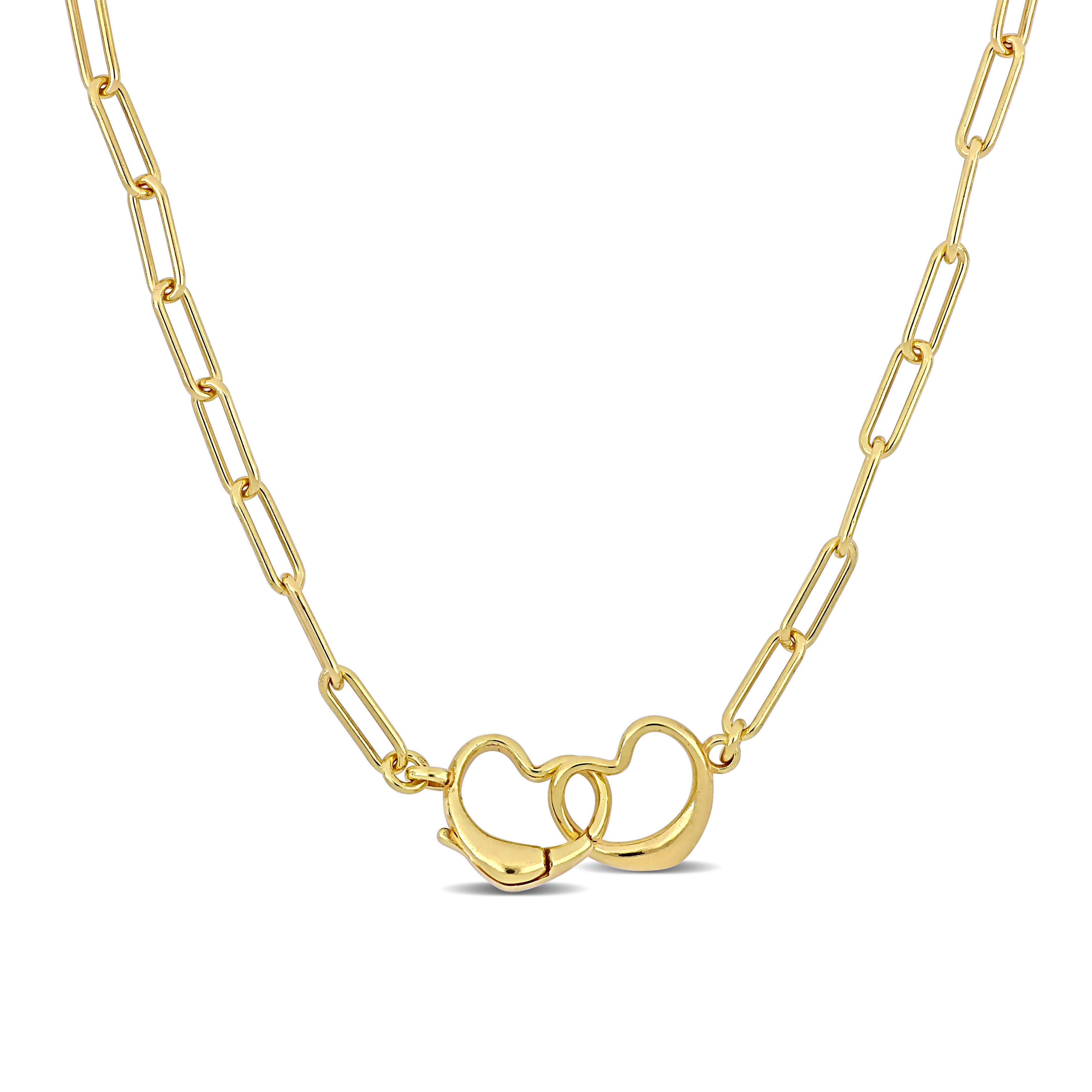 Paper Clip Link Necklace w/ Double Heart Charm Clasp in Yellow Plated  Sterling Silver- 16 in. - CBG003305