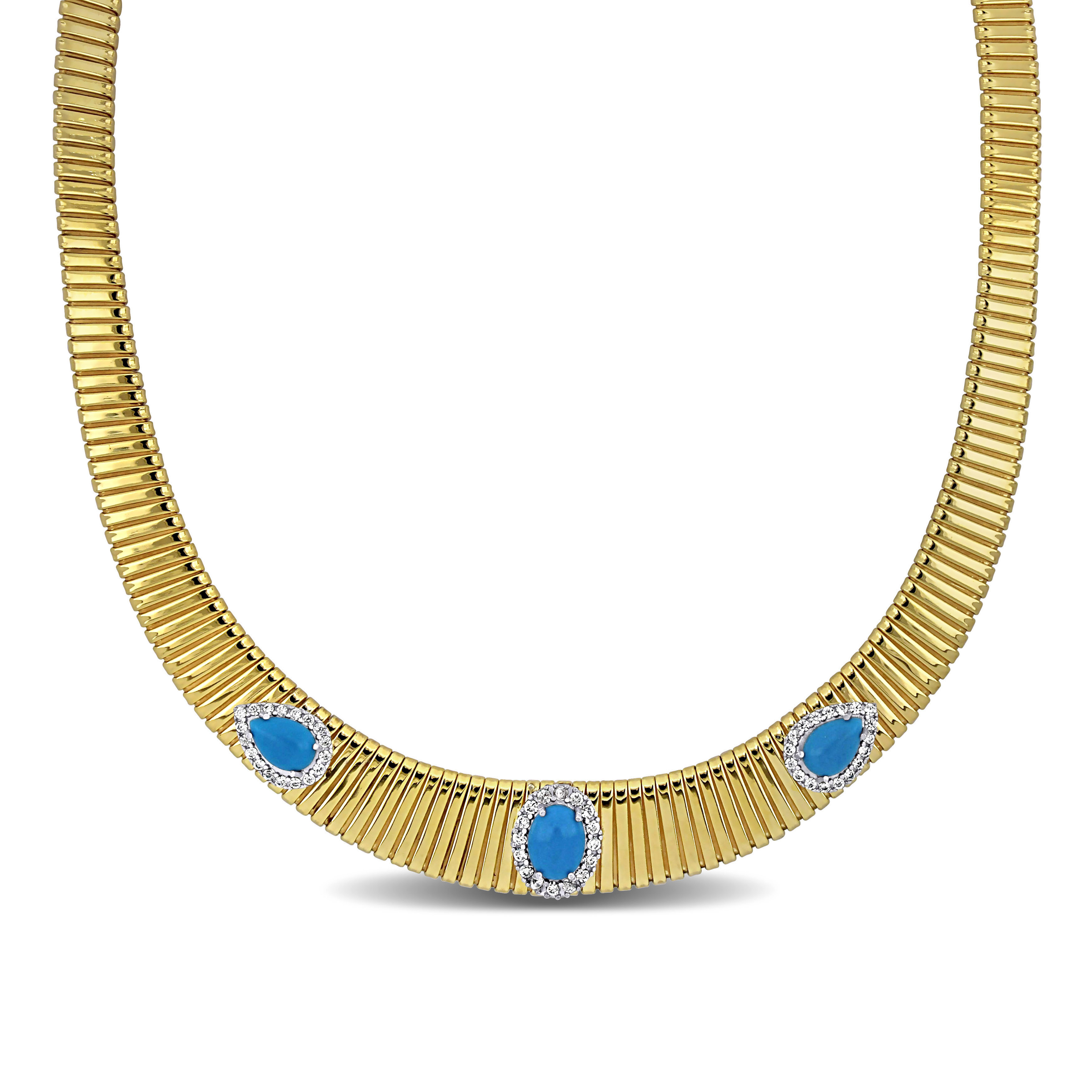 3/8ct TGW Cubic Zirconia and 9x7mm & 9x6mm Composite Turquoise Omega Necklace in Yellow Plated Sterling Silver -18 in