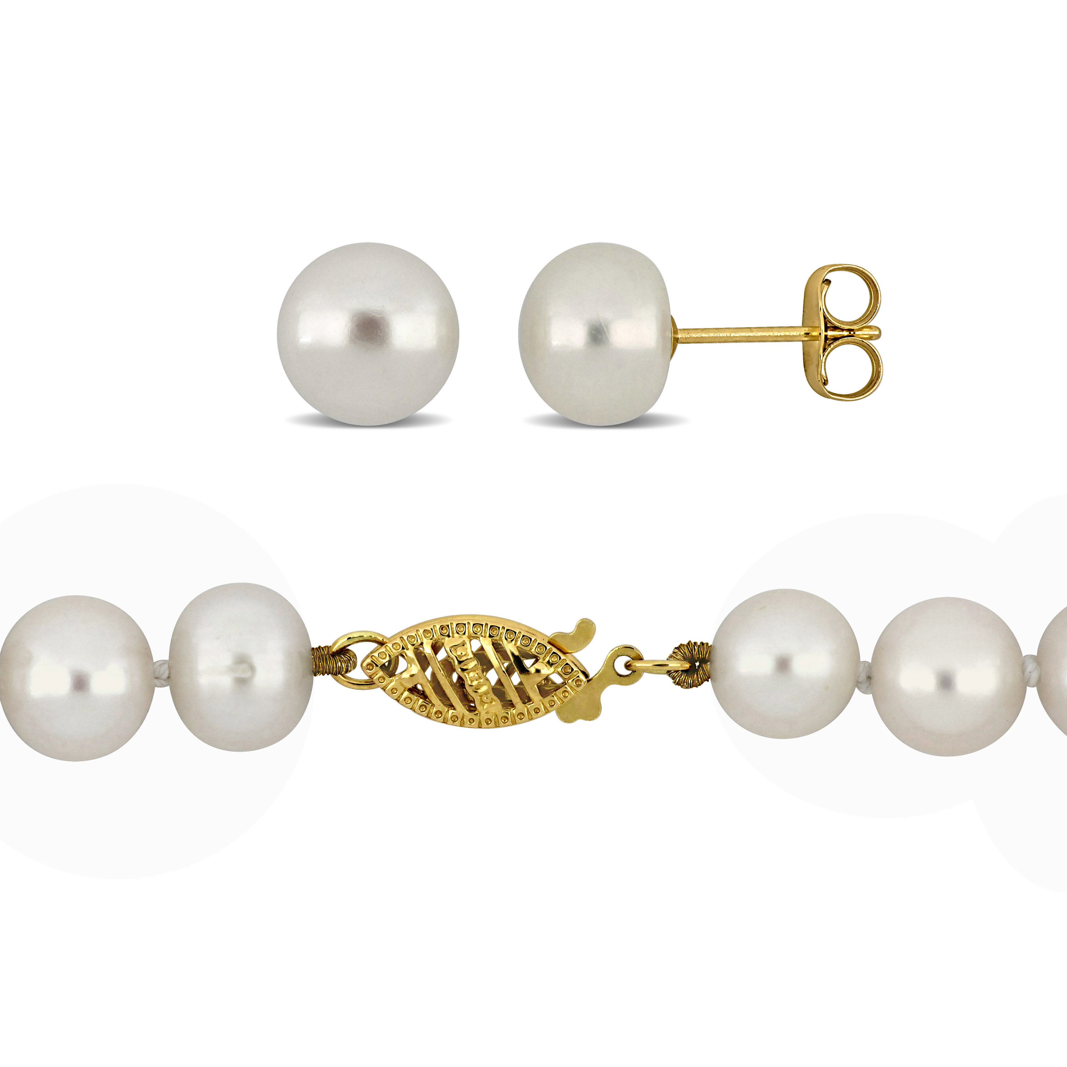 7.5-8 MM Cultured Freshwater Pearl Necklace and Stud Earrings in 10K Yellow Gold