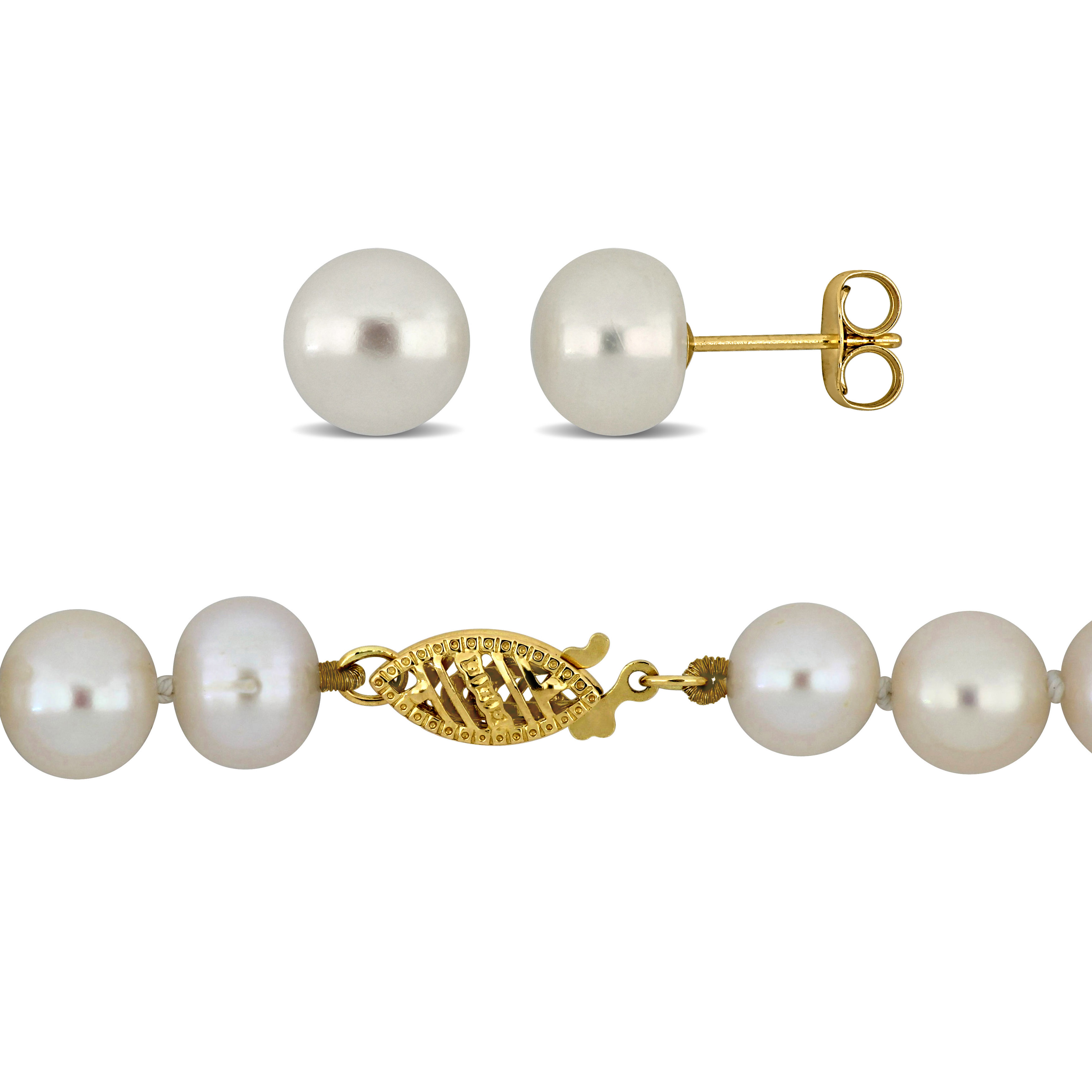 7.5-8 MM Cultured Freshwater Pearl Necklace and Stud Earrings in 10K Yellow Gold-2