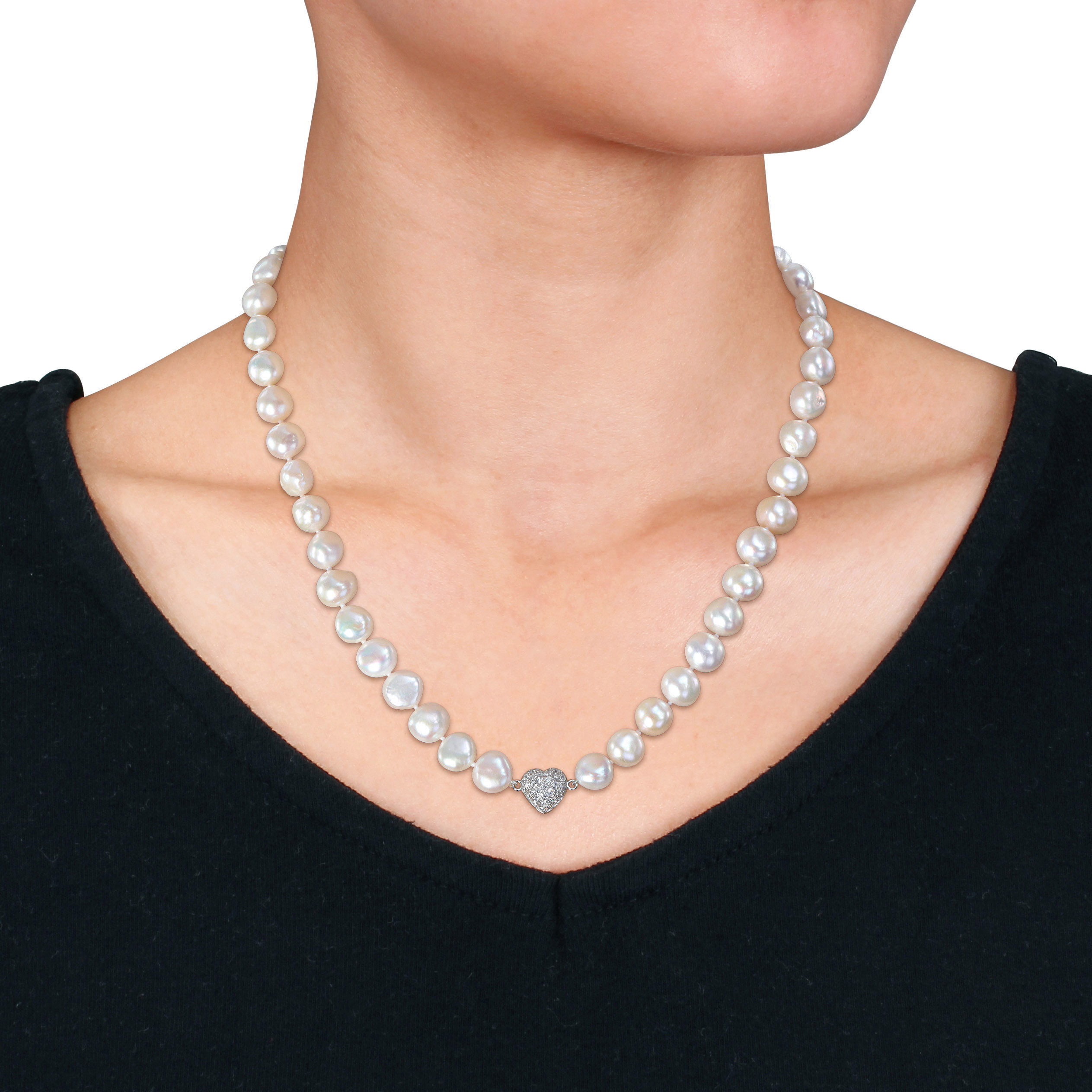 11-12 MM Cultured Freshwater Pearl Strand & Heart-Shape Cubic Zirconia Necklace - 20 in.