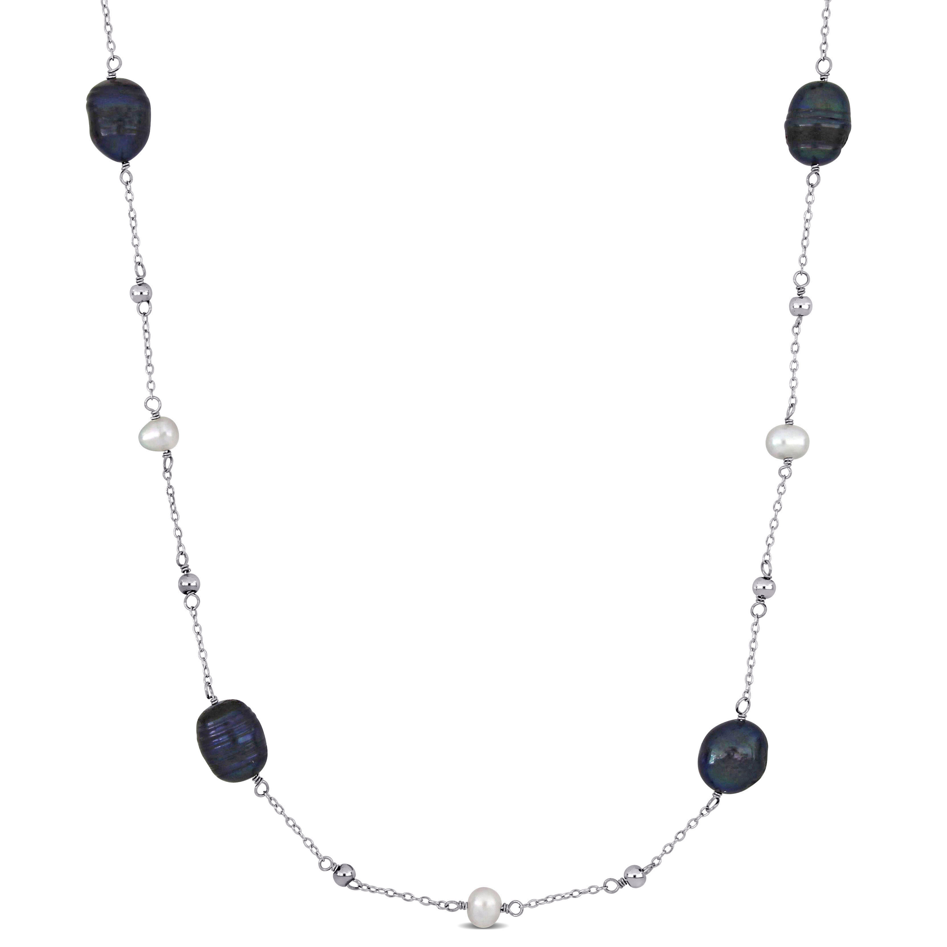 5-12 MM Black and White Cultured Freshwater Pearls and Hematite Beads Endless Station Necklace in Sterling Silver - 40 in.