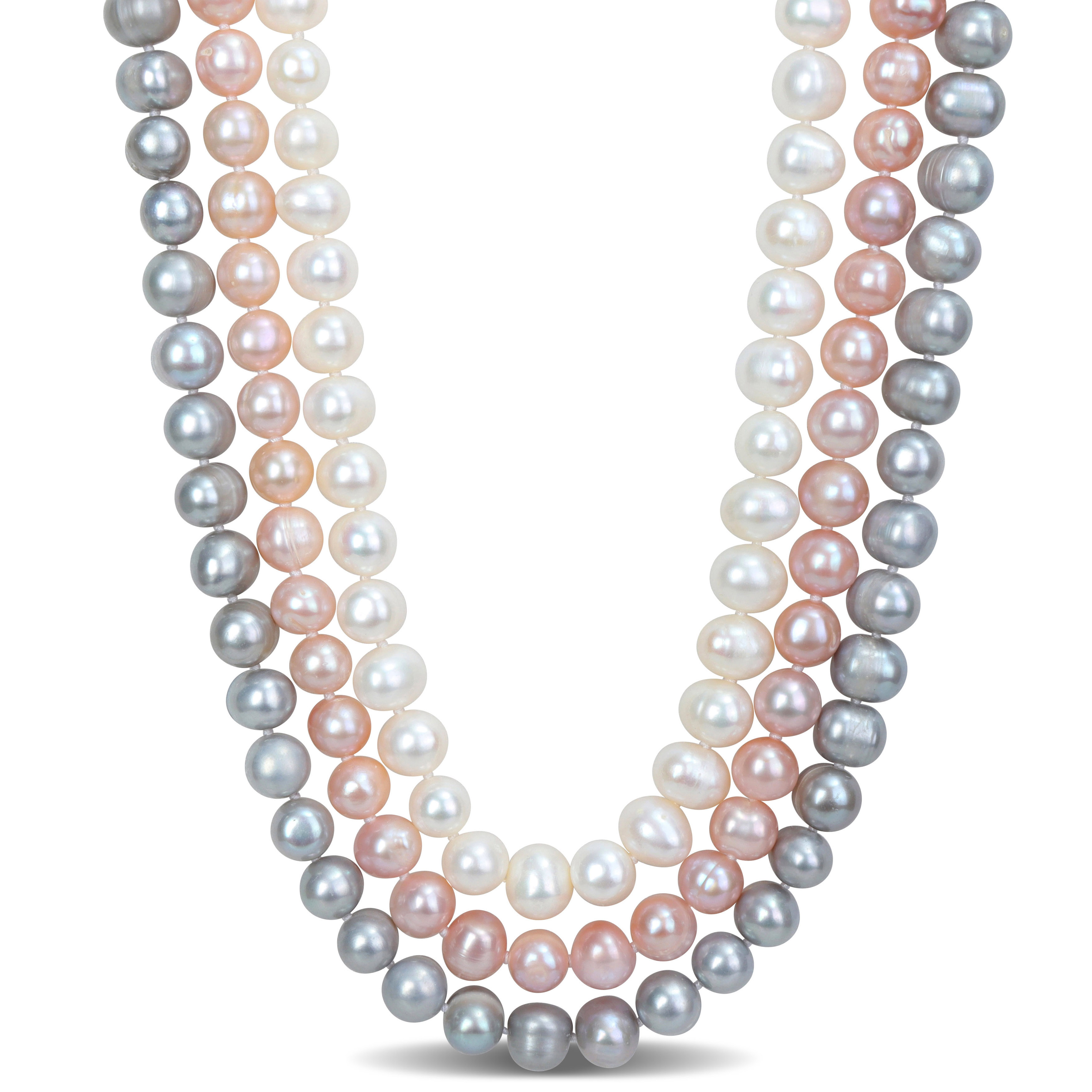 3-Strand 7.5-8mm Multi-Color Cultured Freshwater Pearl Necklace with Silver Bayonet Clasp
