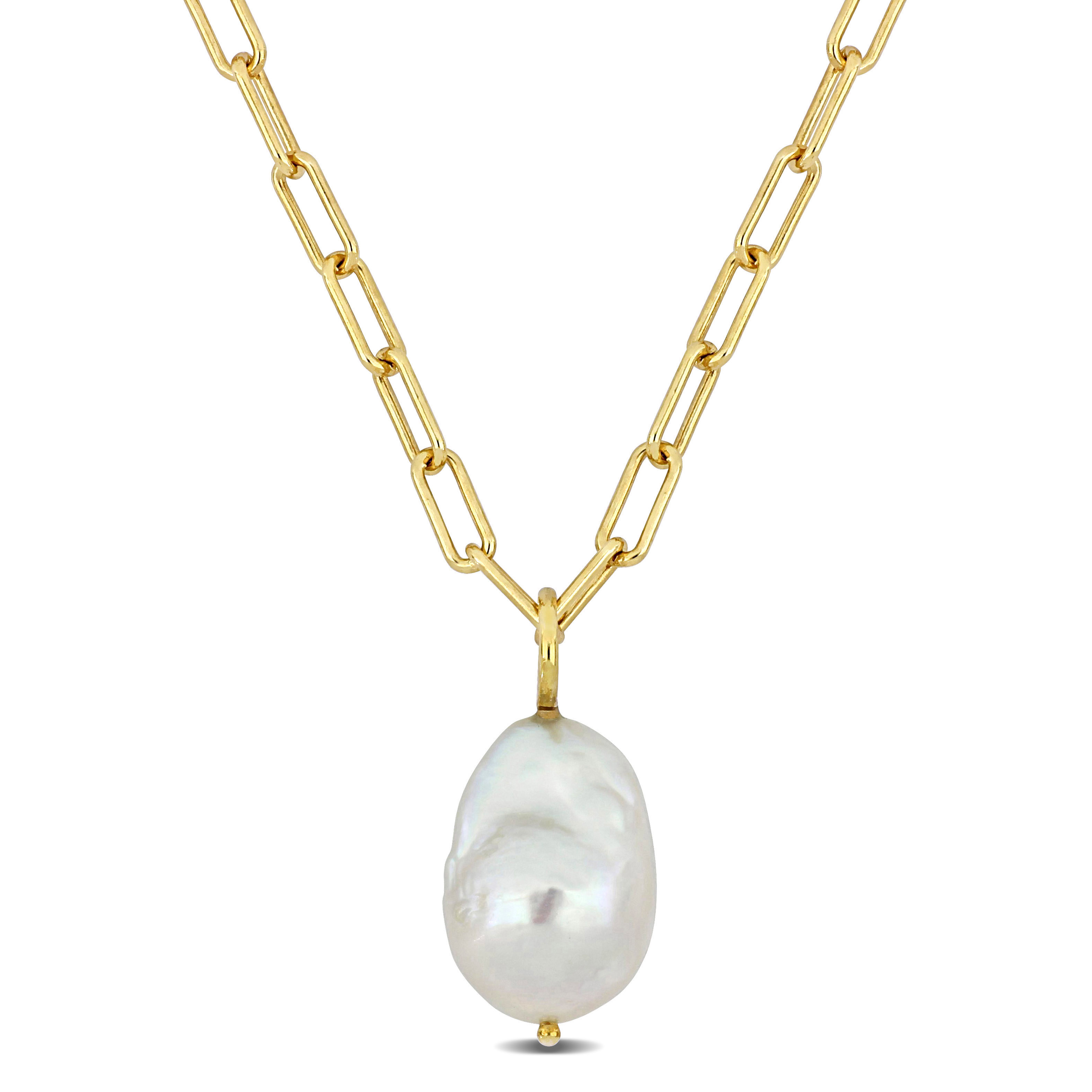 13-14 MM Natural Shape Cultured Freshwater Pearl and 3.5 MM Oval Link Necklace in 18k Gold Plated Sterling Silver - 18 in