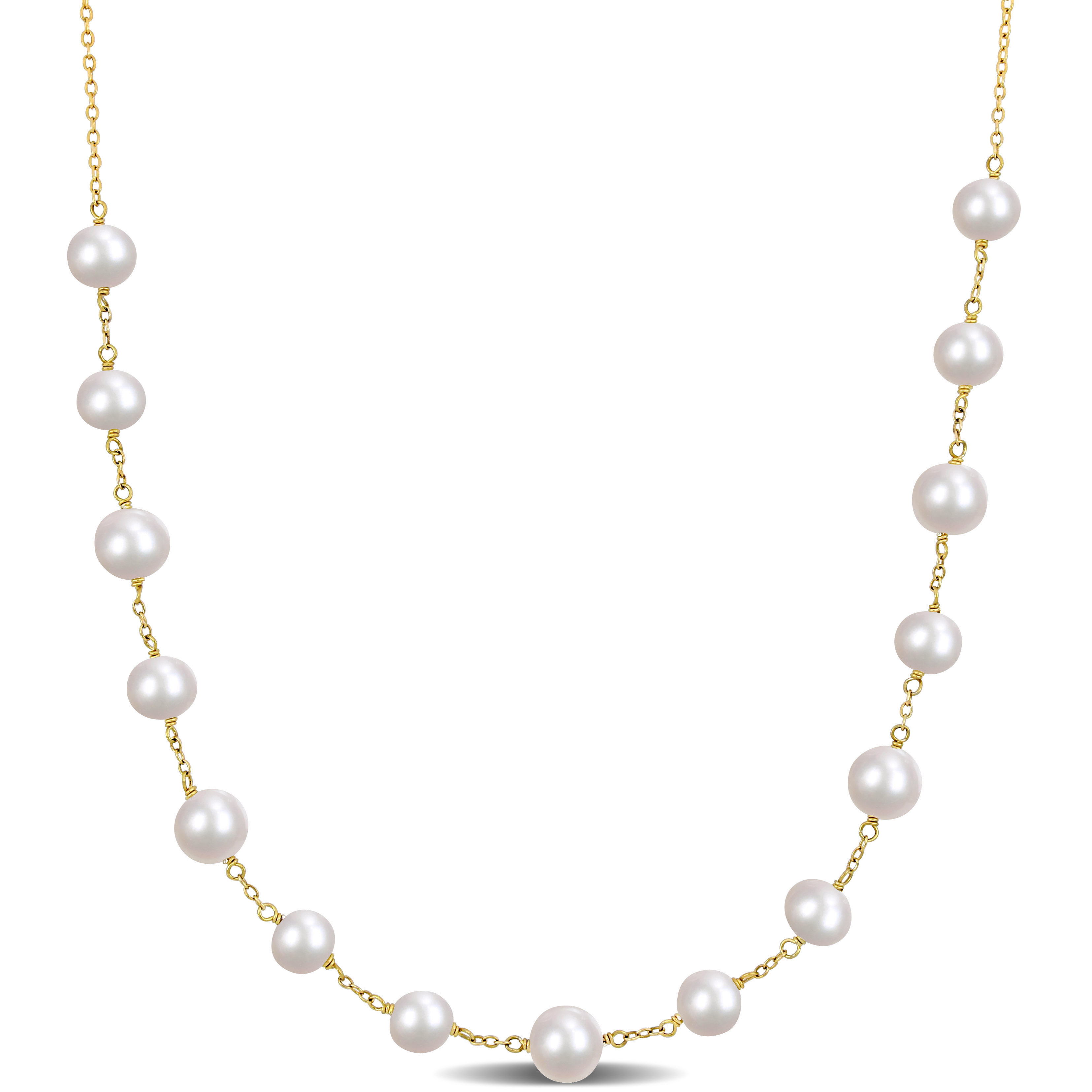 6.5-8.5 MM Cultured Freshwater Pearl Tin Cup Necklace in 18k Gold Plated Sterling Silver - 18 in