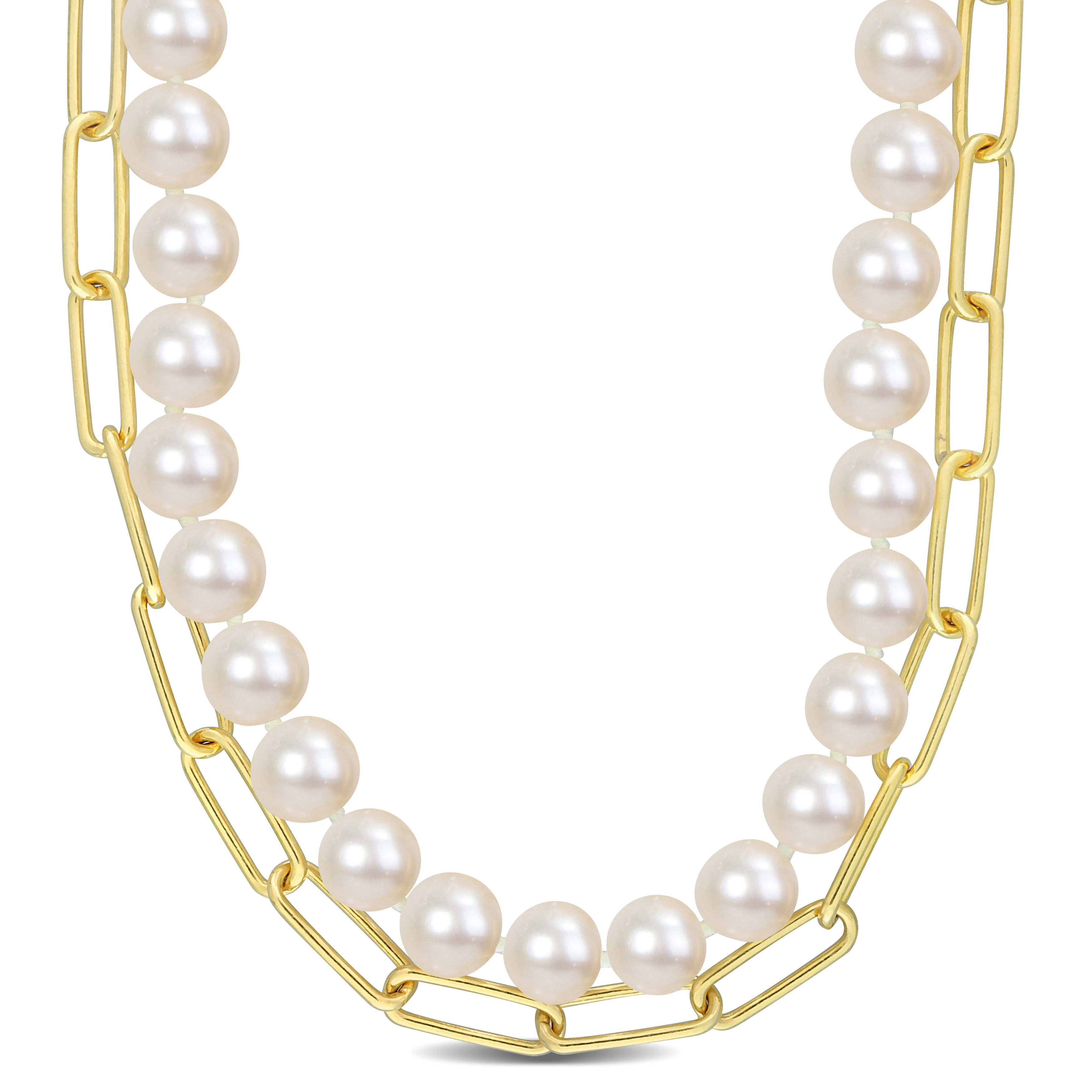 7-7.5 MM Cultured Freshwater Pearl and 5 MM Link Chain Layered Necklace in 18k Yellow Gold Plated Sterling Silver - 18 in.