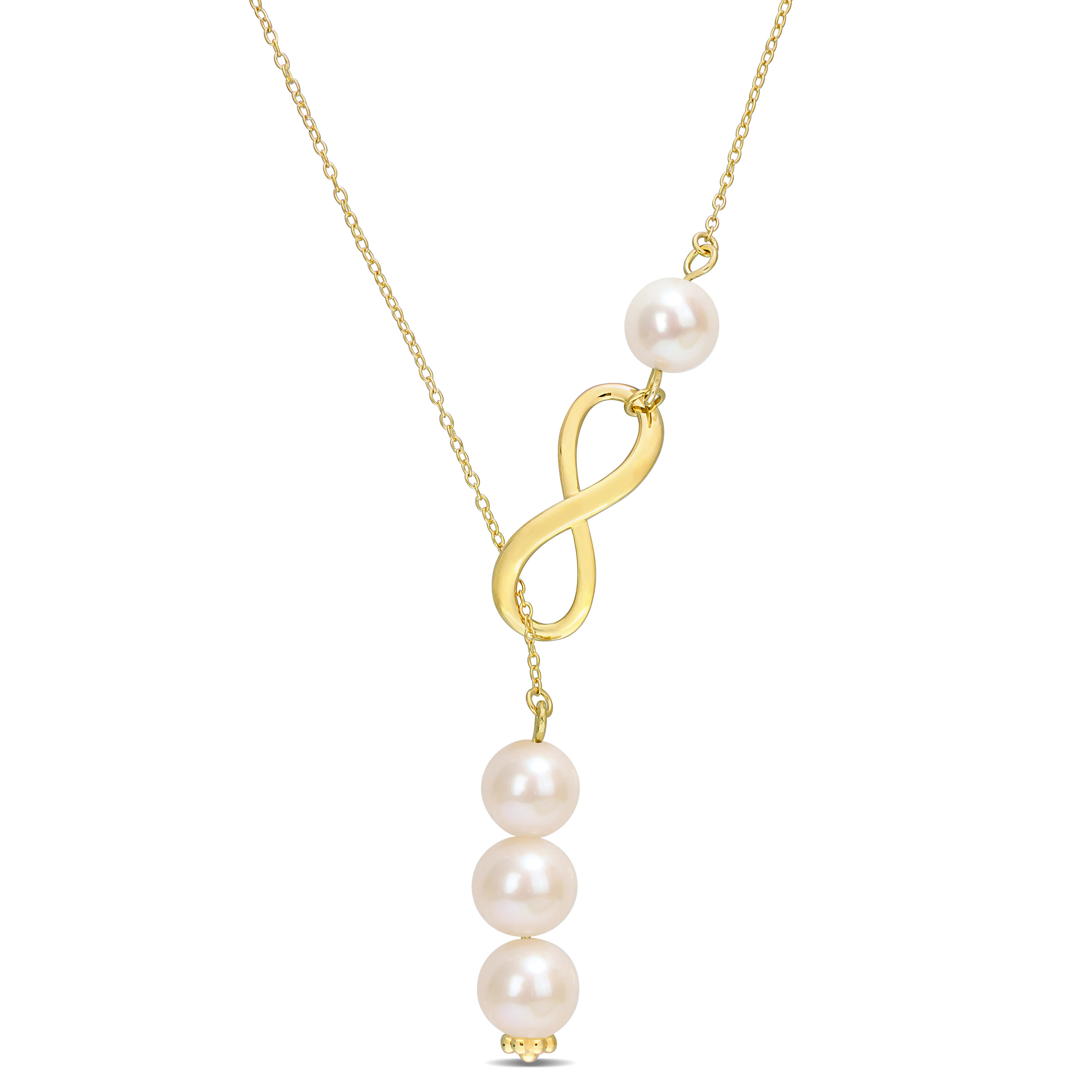 8 - 9 MM Freshwater Cultured Pearl Infinity Lariat 18 Necklace in 18K Yellow Gold Plated Sterling Silver